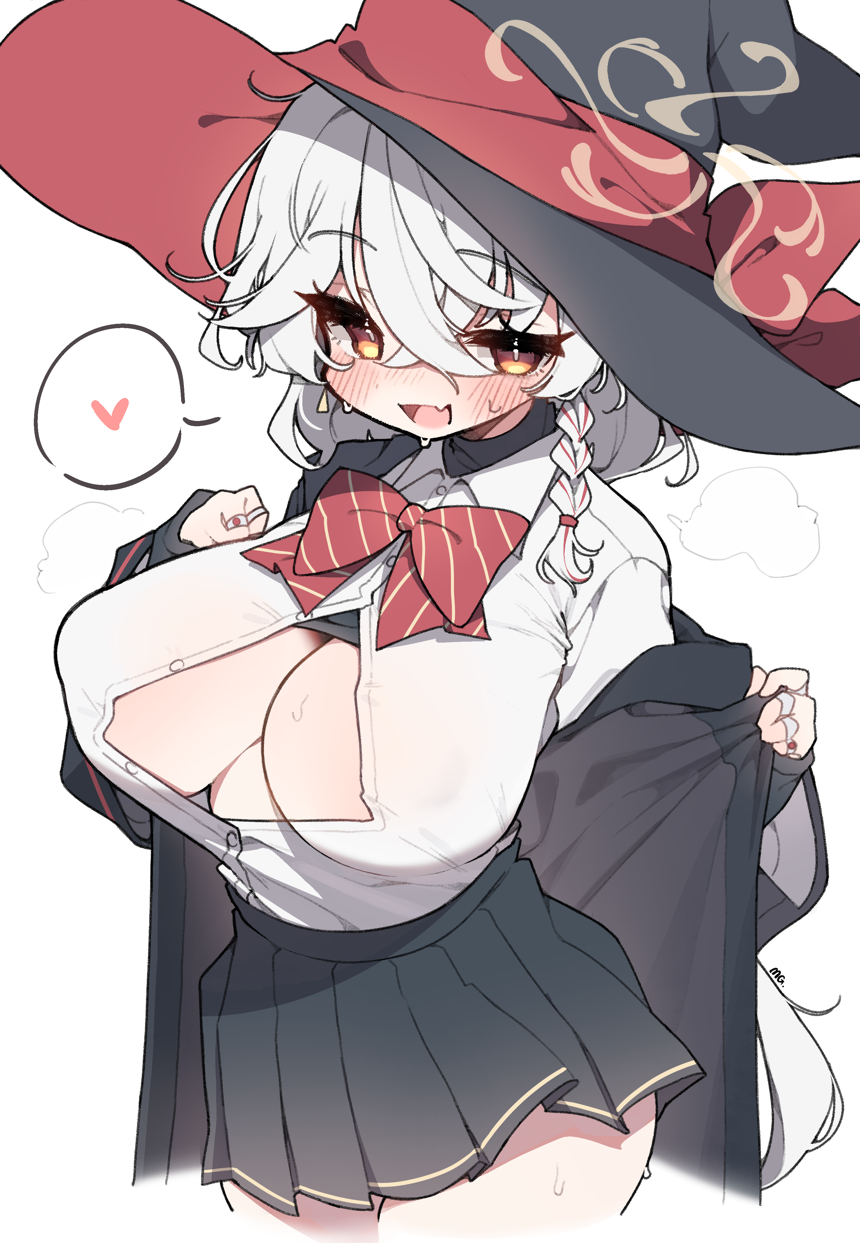mg pong, eri (blue archive), blue archive, absurdres, highres, 1girl, black hat, black jacket, black skirt, blush, bow, bowtie, braid, breasts, cropped legs, diagonal-striped bow, diagonal-striped bowtie, diagonal-striped clothes, fang, grey hair, halo, hat, heart, jacket, jewelry, large breasts, long hair, looking at viewer, miniskirt, multicolored hair, multiple rings, no bra, open clothes, open jacket, orange eyes, partially unbuttoned, pleated skirt, red bow, red bowtie, red hair, ring, shirt, shirt tucked in, single braid, skin fang, skirt, smile, solo, spoken heart, streaked hair, striped bow, striped bowtie, striped clothes, sweat, thighs, two-tone hair, very long hair, white shirt, witch hat