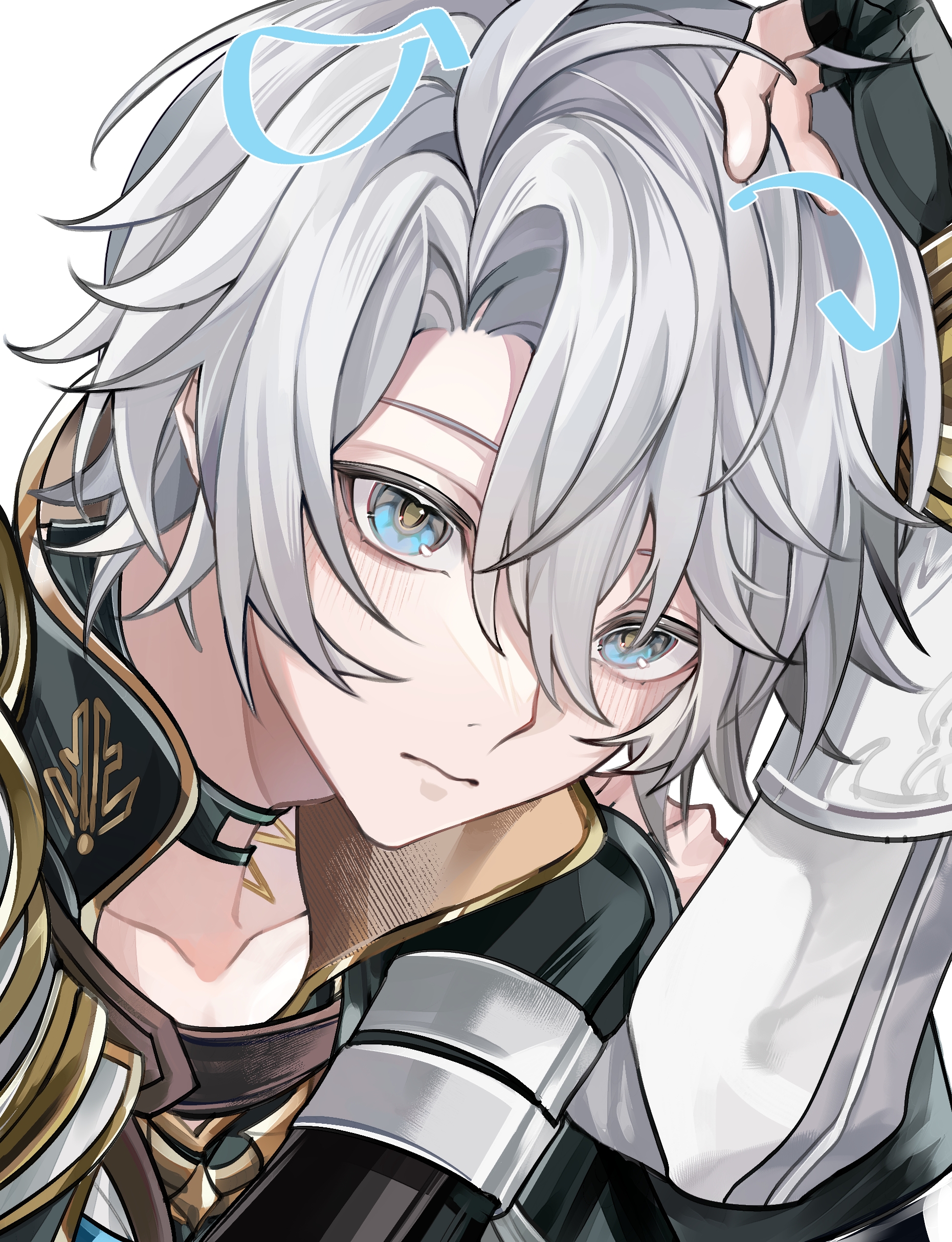 phainon (honkai: star rail), honkai: star rail, honkai (series), absurdres, highres, 1boy, antenna hair, black choker, black gloves, black shirt, blue eyes, choker, coat, fingerless gloves, gloves, looking at viewer, male focus, neck tattoo, parted bangs, shirt, short hair, simple background, single glove, solo, suer2230, tattoo, white background, white coat, white hair