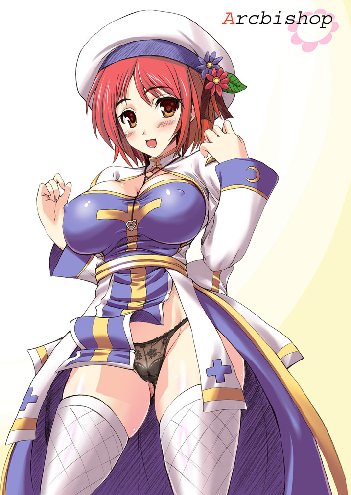 kawase seiki, arch bishop (ragnarok online), ragnarok online, 1girl, black panties, breasts, cameltoe, female focus, hat, huge breasts, jewelry, large breasts, looking at viewer, open mouth, orange eyes, panties, pendant, red hair, short hair, skindentation, smile, solo, thighhighs, underwear