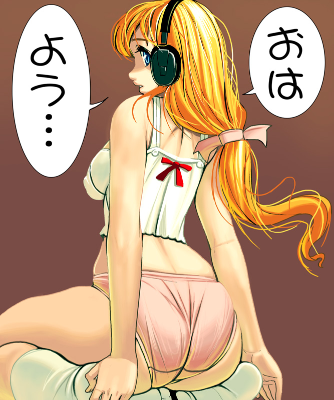 kouno (masao), bad id, bad pixiv id, translation request, ass, blonde hair, blue eyes, hair ribbon, headphones, kneeling, long hair, looking back, midriff, panties, pink panties, ribbon, socks, solo, underwear