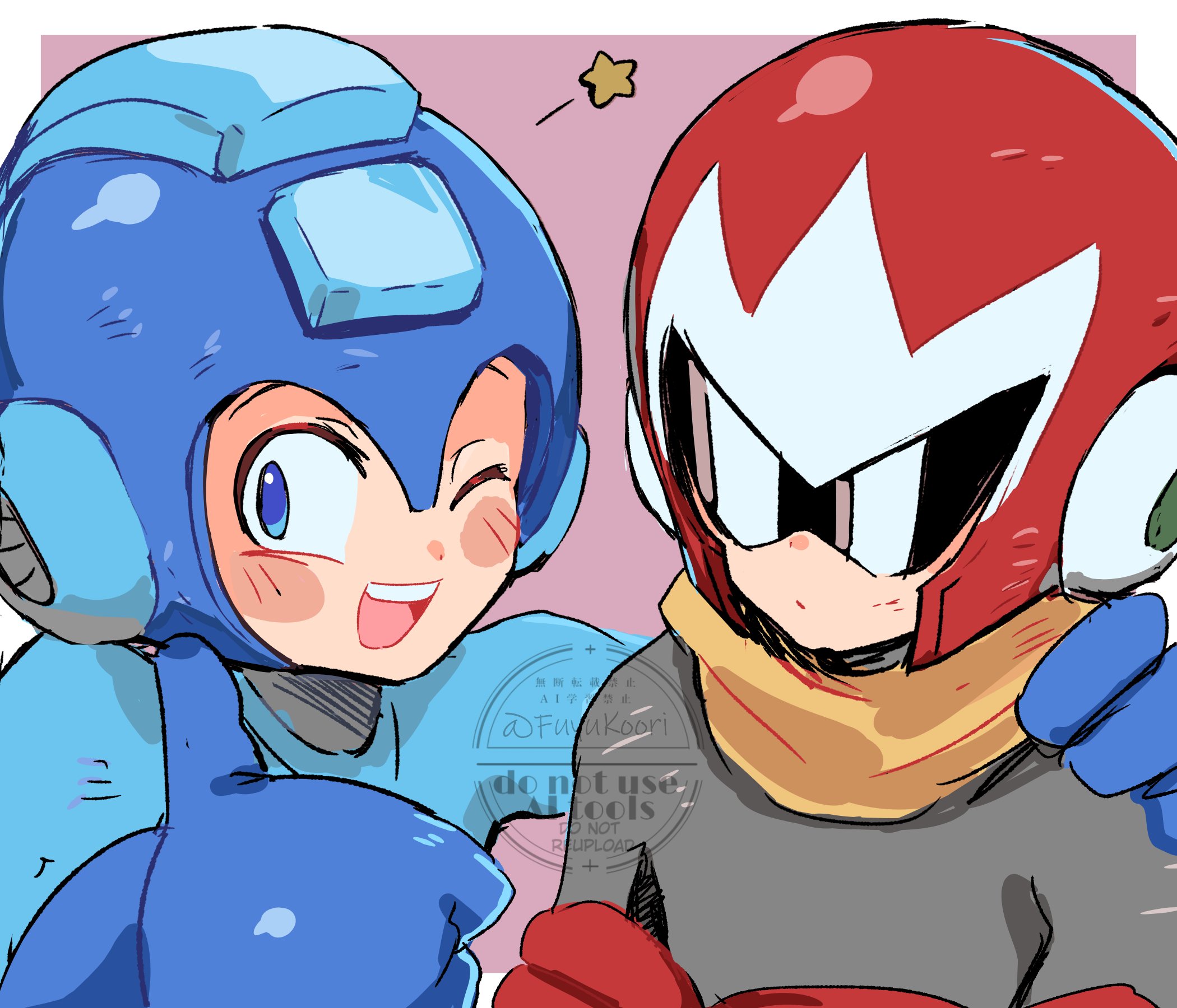 srnhuyuno, mega man (character), proto man, mega man (classic), mega man (series), highres, 2boys, assault visor, blue bodysuit, blue eyes, blue helmet, blush stickers, bodysuit, brothers, grey bodysuit, helmet, male focus, multiple boys, pink background, red helmet, scarf, siblings, simple background, star (symbol), thumbs up, upper body, watermark, yellow scarf