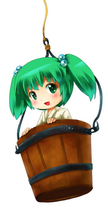 michii yuuki, kisume, touhou, 1girl, blush, bucket, chibi, female focus, green eyes, green hair, hair bobbles, hair ornament, in bucket, in container, japanese clothes, simple background, solo, twintails, white background
