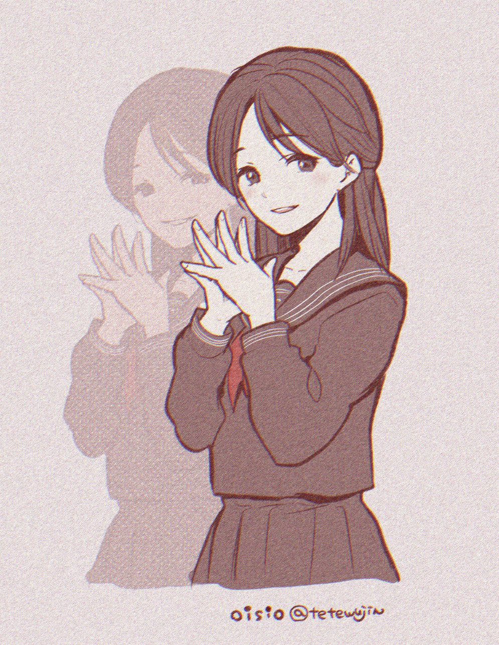 oisiso, nishida rinko, silent hill (series), silent hill f, highres, 1girl, artist name, black hair, black sailor collar, black serafuku, black shirt, black skirt, dual persona, evil smile, grey background, grey eyes, half updo, light blush, long sleeves, neckerchief, own hands together, parted bangs, parted lips, red neckerchief, sailor collar, school uniform, serafuku, shirt, skirt, smile, solo, twitter username, upper body