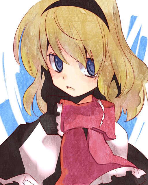 inuinui, alice margatroid, touhou, 1girl, blonde hair, blue eyes, female focus, hairband, scarf, short hair, solo, upper body, white background