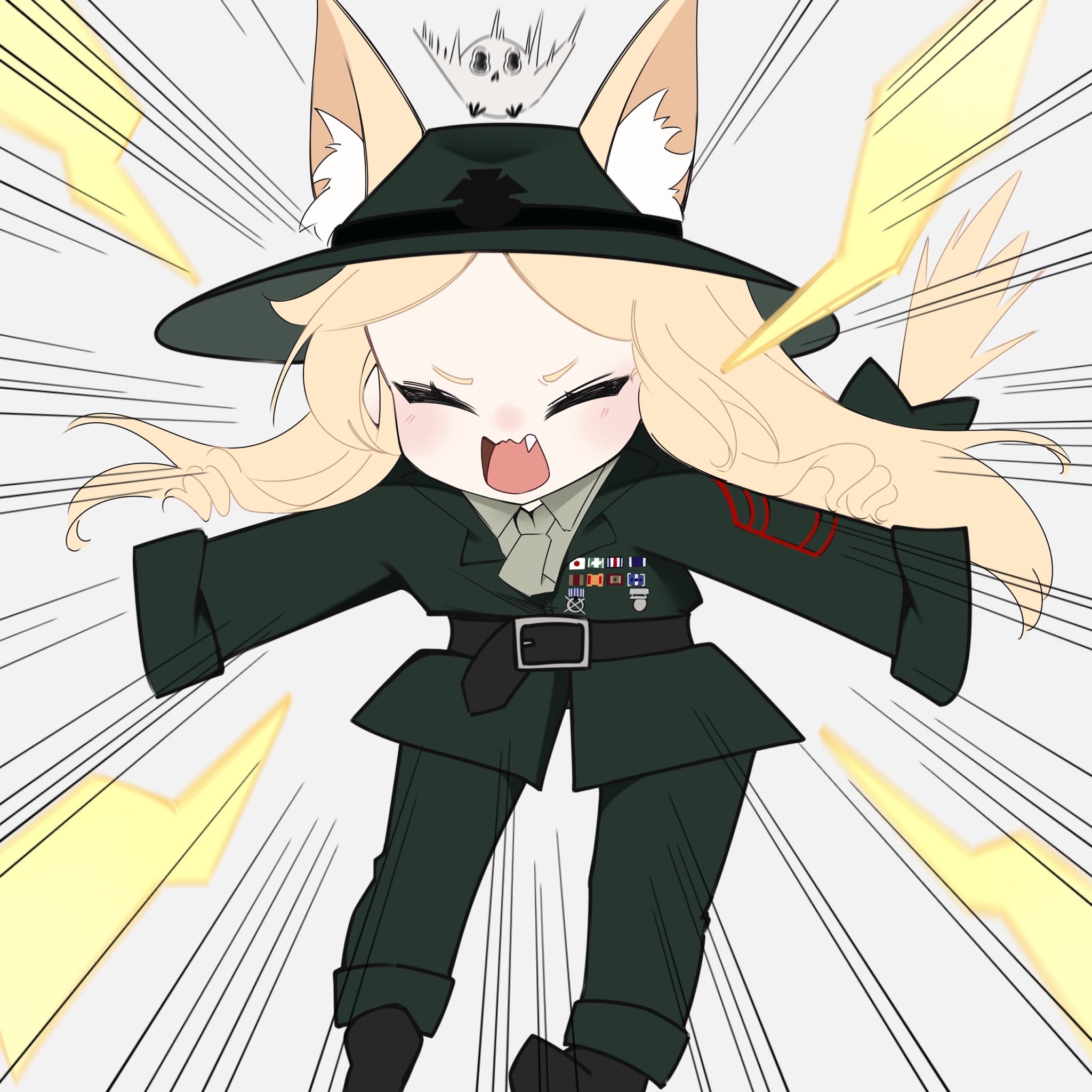 seia (blue archive), full metal jacket, highres, animal ears, belt, bird, blonde hair, closed eyes, fang, fox ears, hat, ikkimoshi (ikki), medal, military uniform, open mouth, screaming