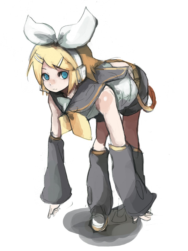 kasa (hitori sanka), kagamine rin, vocaloid, 1girl, :3, arm warmers, belt, bent over, black shorts, blonde hair, blouse, blue eyes, bow, female focus, full body, hair bow, hair ornament, hairclip, headphones, leg warmers, looking at viewer, microphone, ribbon, sailor collar, shirt, short hair, shorts, simple background, sketch, sleeveless, solo, standing, swept bangs, white background, white bow, white shirt, yellow ribbon