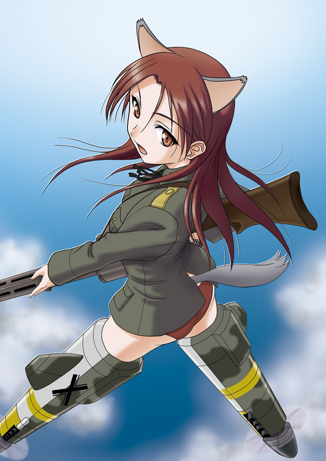 misnon the great, minna-dietlinde wilcke, strike witches, world witches series, 00s, 1girl, animal ears, back, female focus, gun, long hair, looking back, red eyes, red hair, solo, tail, weapon