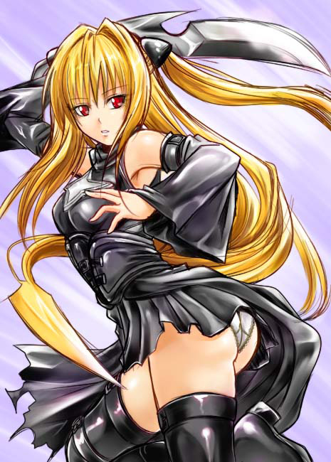 konjiki no yami, to love-ru, blade, 00s, 1girl, ass, blonde hair, boots, female focus, hair weapon, long hair, panties, pantyshot, prehensile hair, red eyes, solo, sword, thigh strap, thighhighs, twintails, two side up, underwear, weapon