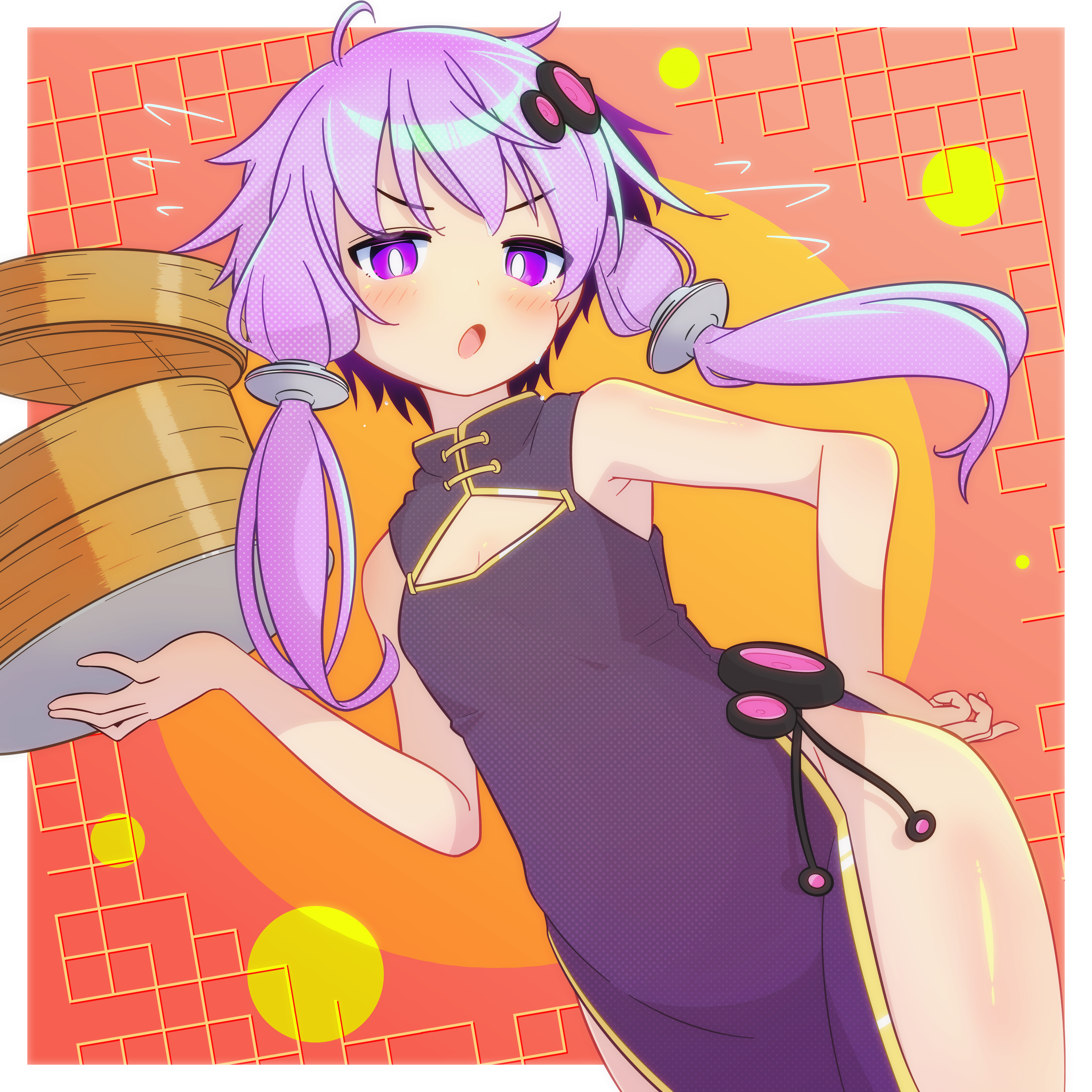 newbear, yuzuki yukari, voiceroid, absurdres, highres, 1girl, alternate costume, armpit crease, bare shoulders, blush, breasts, china dress, chinese clothes, cleavage, cleavage cutout, clothing cutout, dress, flat chest, gold trim, hair ornament, hand on own hip, holding, holding tray, long hair, looking at viewer, open mouth, pelvic curtain, purple dress, purple eyes, purple hair, short hair with long locks, side slit, sidelocks, sleeveless, sleeveless dress, solo, tray