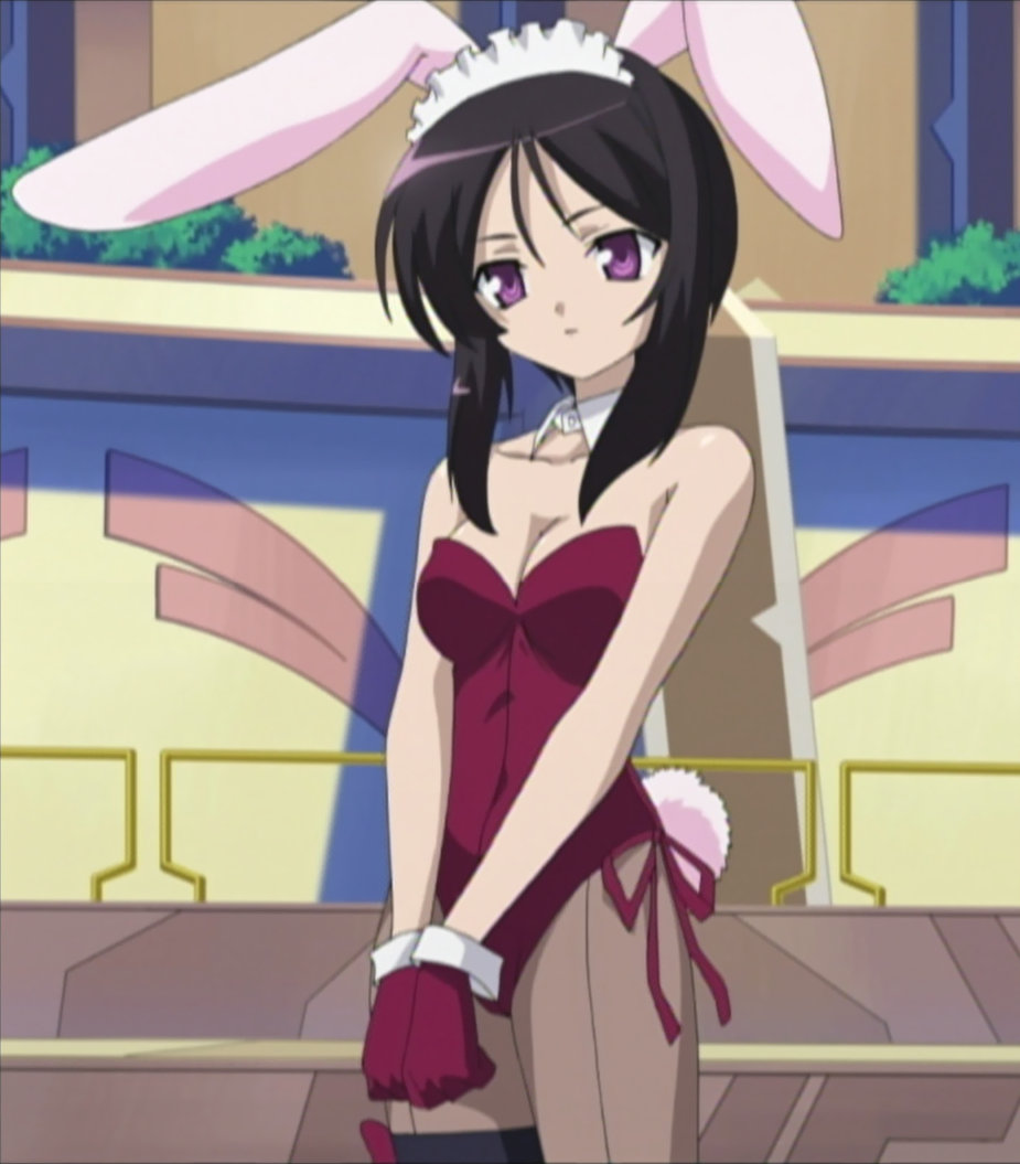 eneus, magician's academy, anime screenshot, stitched, third-party edit, 00s, animal ears, black hair, fake animal ears, gloves, pantyhose, playboy bunny, purple eyes, rabbit ears, short hair, solo