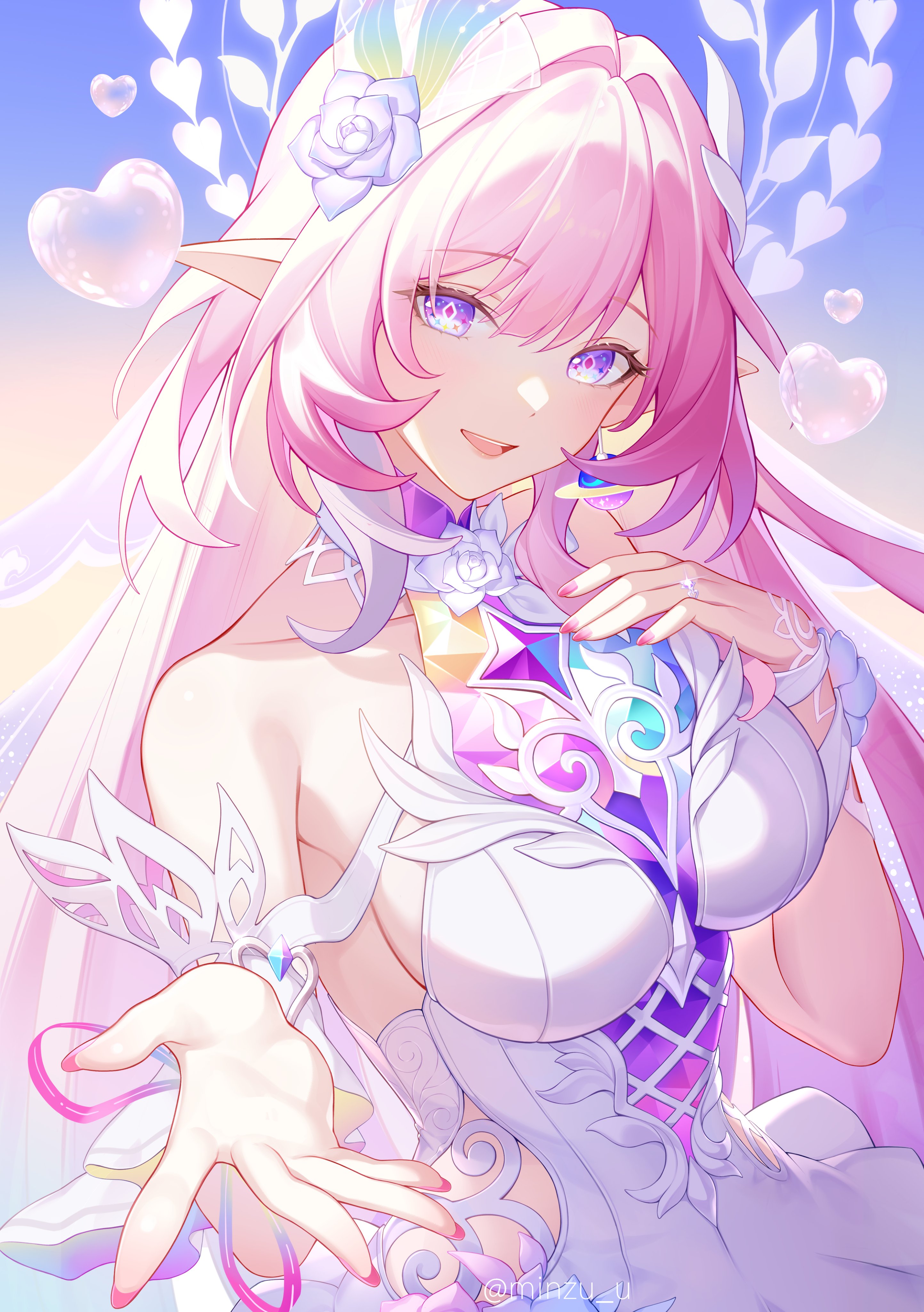 minzu u, cyrene (honkai: star rail), cyrene (ripples of past reverie) (honkai: star rail), honkai: star rail, honkai (series), absurdres, commentary, highres, symbol-only commentary, 1girl, bare shoulders, breasts, diamond-shaped pupils, diamond (shape), dress, earrings, fingernails, gradient background, hair intakes, hair ornament, halo, hand up, heart, jewelry, large breasts, long hair, looking at viewer, nail polish, offering hand, open mouth, pink hair, pink nails, pointy ears, purple eyes, sidelocks, smile, solo, symbol-shaped pupils, twitter username, upper body, white dress