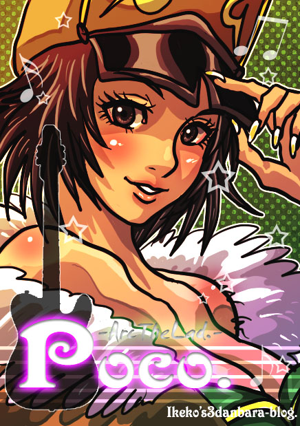 ike ko, poco (arc the lad), poco a melville, arc the lad, arc the lad i, 1girl, beamed quavers, blush, breasts, brown eyes, brown hair, cleavage, female focus, genderswap, genderswap (mtf), guitar, hat, instrument, large breasts, musical note, musical staff, polka dot, quaver, short hair, smile, solo, star (symbol)
