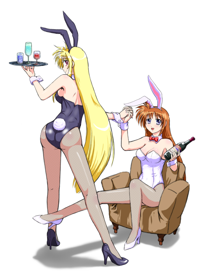 takami, takami (manda), fate testarossa, takamachi nanoha, lyrical nanoha, mahou shoujo lyrical nanoha, mahou shoujo lyrical nanoha strikers, 00s, 2girls, alcohol, animal ears, ass, blonde hair, bottle, bow, bowtie, breasts, cleavage, couch, cup, detached collar, drinking glass, fake animal ears, fishnet pantyhose, fishnets, high heels, interlocked fingers, long hair, multiple girls, pantyhose, playboy bunny, rabbit ears, rabbit tail, shoes, sitting, smile, tray, very long hair, waitress, wine, wine bottle, wine glass, wrist cuffs