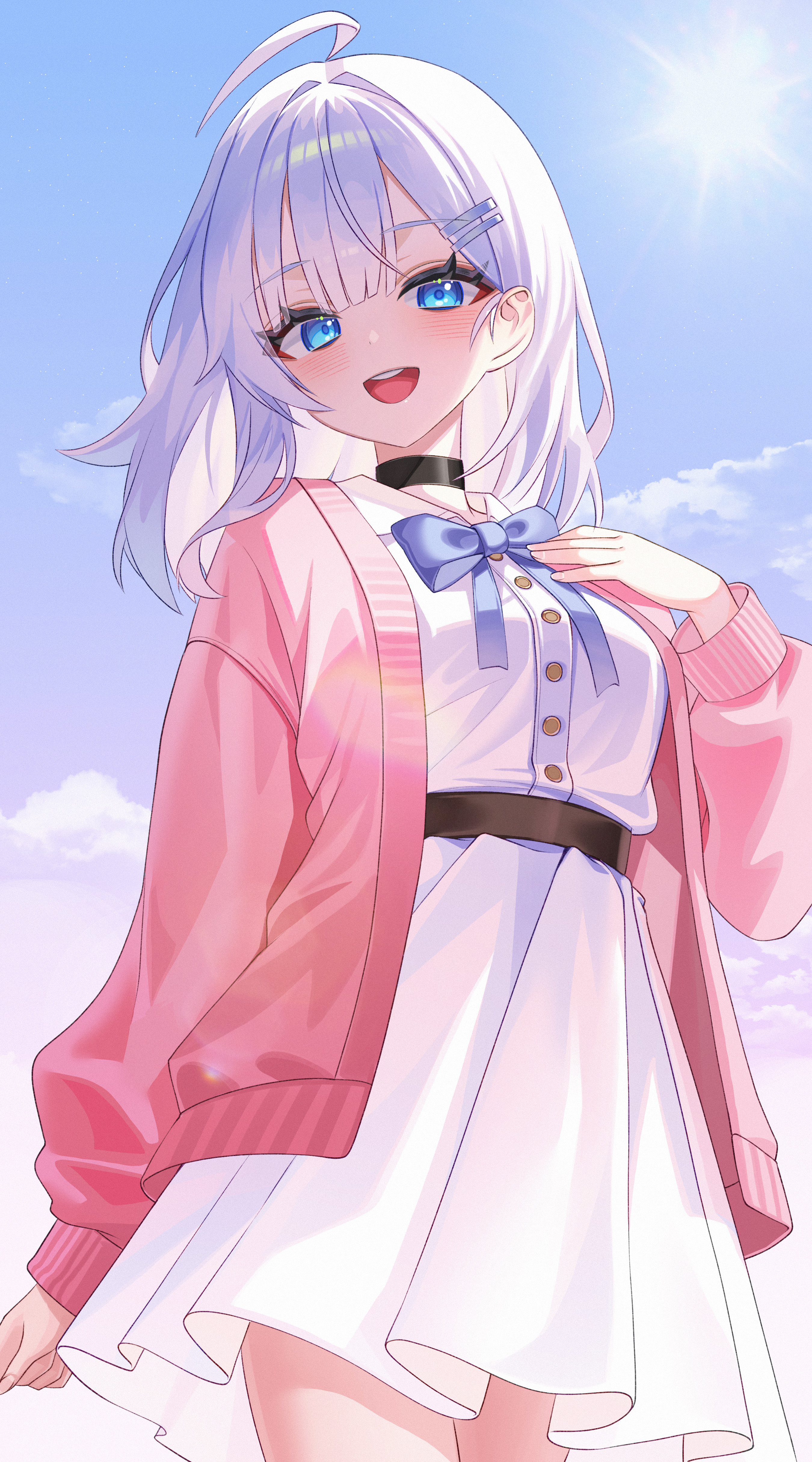 gimseol, original, absurdres, commission, highres, 1girl, ahoge, belt, black choker, blue eyes, bow, bowtie, buttons, choker, collared dress, cowboy shot, day, dress, hair ornament, hairclip, jacket, long hair, long sleeves, looking at viewer, open clothes, open jacket, open mouth, outdoors, pink jacket, smile, solo, sunlight, white dress, white hair