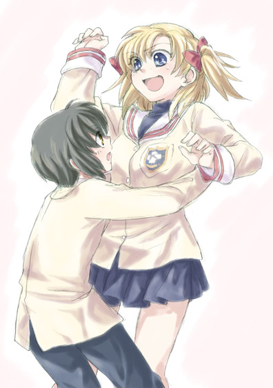 ikuhashi muiko, ibuki fuuko, ibuki fuutarou, sunohara youhei, sunohara youko, clannad, 00s, 1boy, 1girl, black hair, blonde hair, blue eyes, genderswap, genderswap (ftm), genderswap (mtf), hetero, hug, school uniform, serafuku, short hair