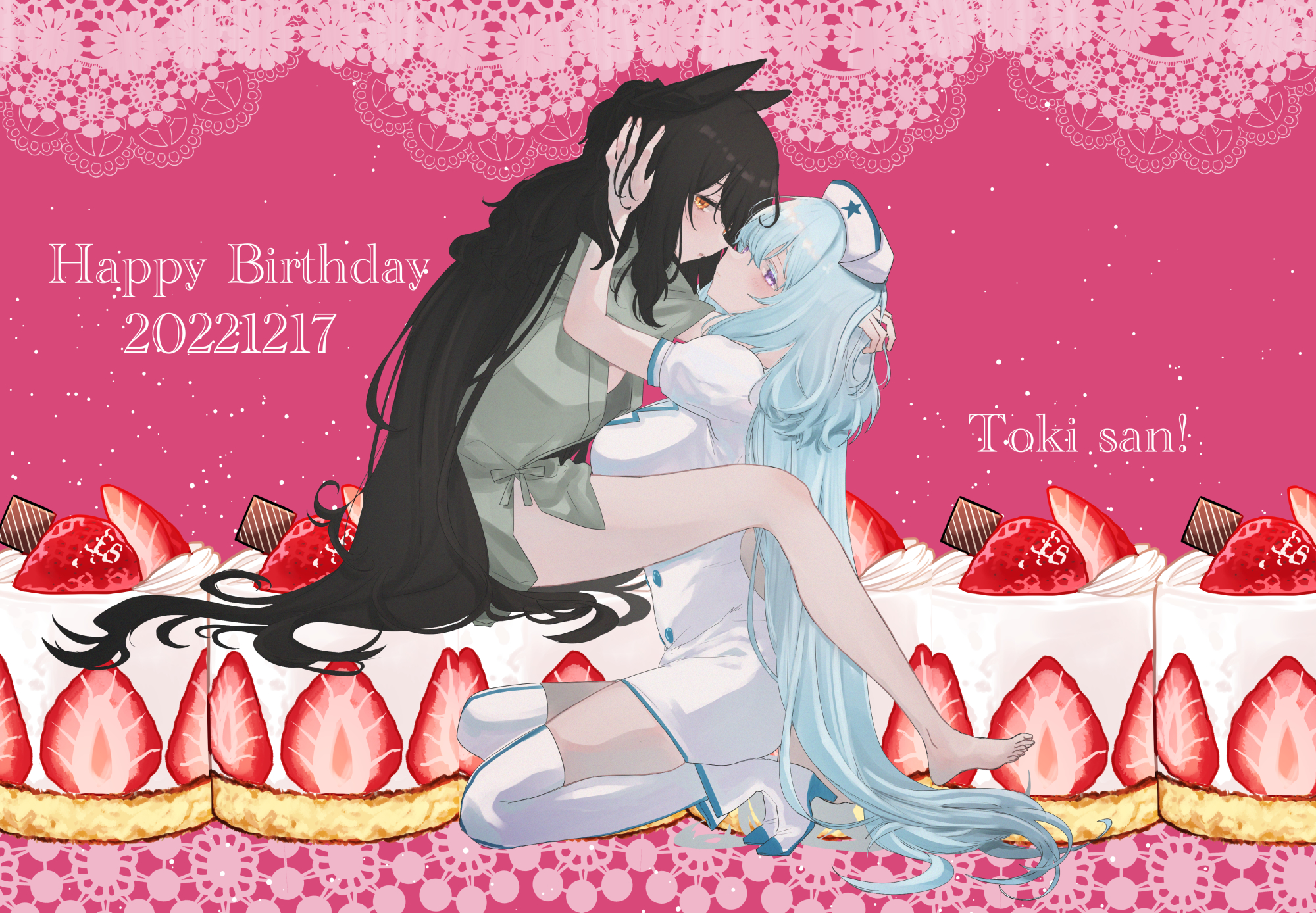 eurasia (wtp09ptw14), original, commentary request, highres, 2girls, barefoot, black bow, black hair, blue hair, blush, boots, bow, breasts, cake, closed mouth, dated, dress, food, fruit, green robe, hair bow, hand in another's hair, hand on another's head, happy birthday, hat, high heel boots, high heels, imminent kiss, large breasts, long hair, looking at viewer, multiple girls, nurse, nurse cap, orange eyes, parted bangs, parted lips, pink background, purple eyes, robe, short sleeves, sitting, smile, strawberry, strawberry cake, thighhighs, very long hair, white boots, white dress, white hat, white thighhighs, yuri