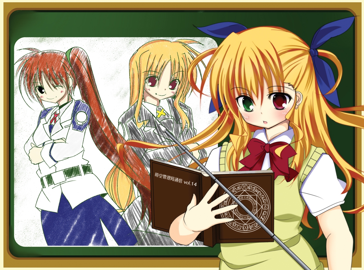 fate testarossa, takamachi nanoha, vivio, lyrical nanoha, mahou shoujo lyrical nanoha, 00s, book, pantyhose, school uniform, serafuku, white pantyhose