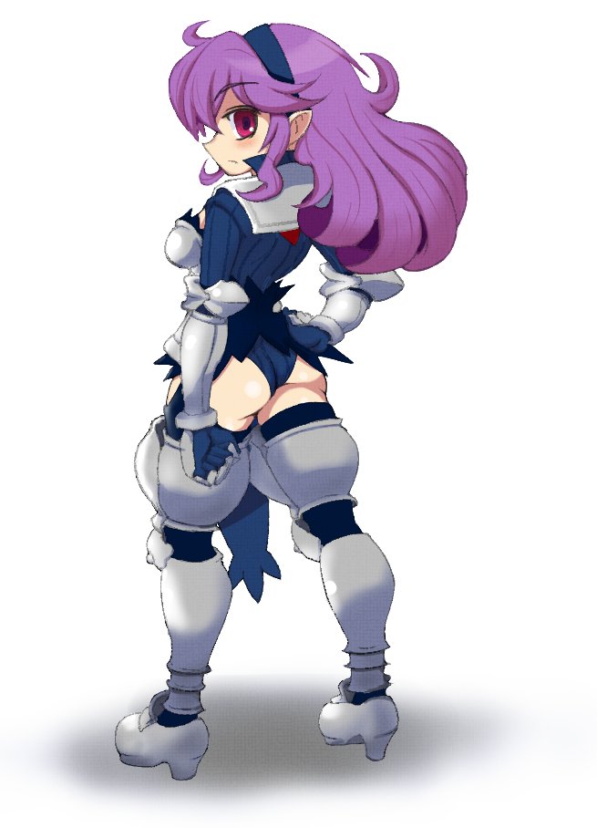 heavy knight (disgaea), disgaea, 1girl, armor, ass, breasts, expressionless, infp unkomen, knight, long hair, looking at viewer, pointy ears, purple hair, red eyes, small breasts, solo