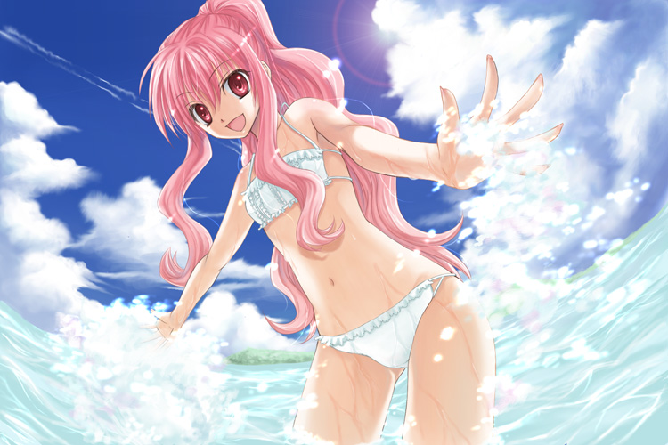 nekomura maccha, louise francoise le blanc de la valliere, zero no tsukaima, bad id, bad pixiv id, 00s, 1girl, bikini, chair, day, female focus, flat chest, long hair, lounge chair, mint chocolate, pink eyes, pink hair, solo, splashing, swimsuit, water, wet, white bikini