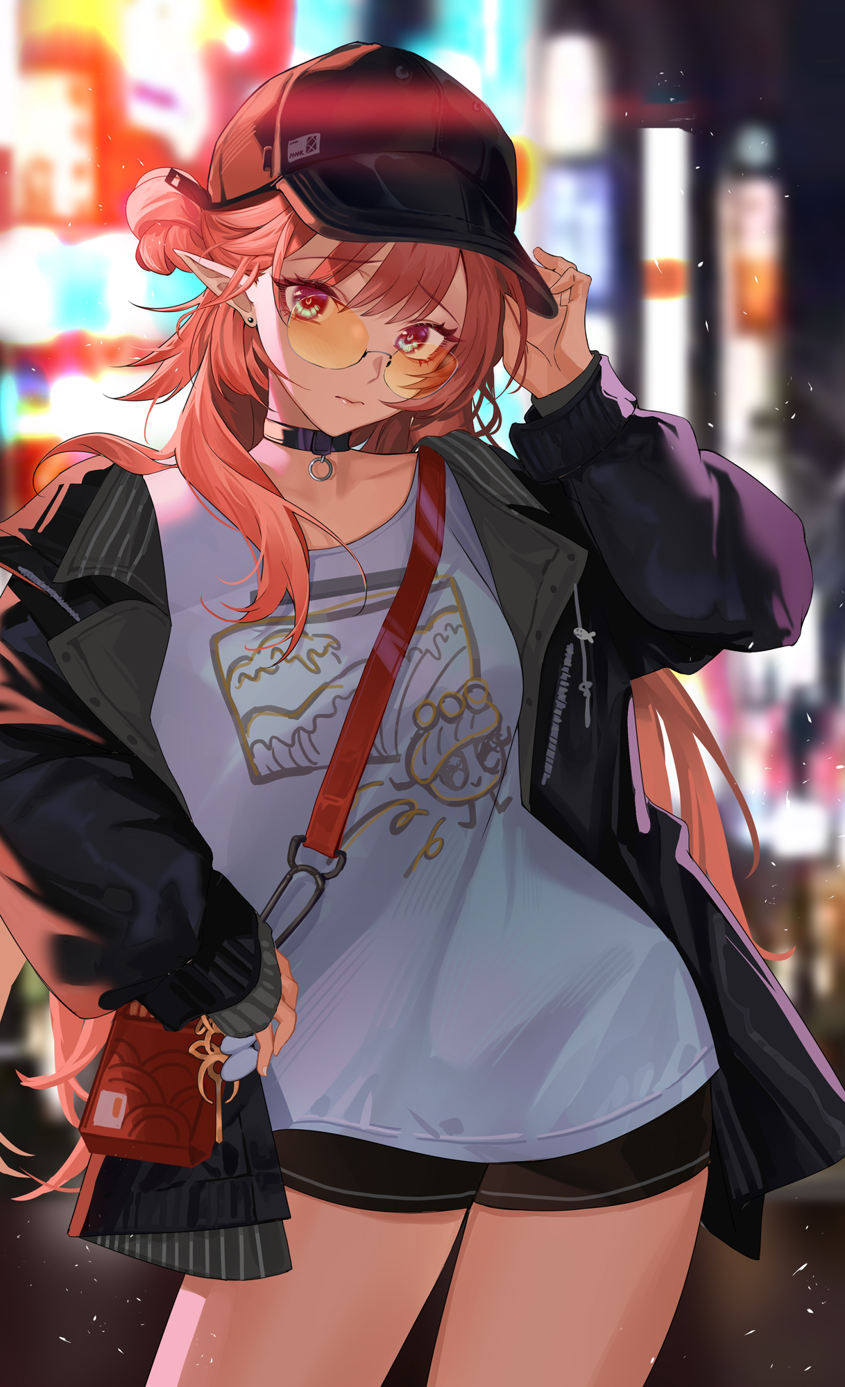 hongbaise raw, haruka (arknights), arknights, commentary, english commentary, highres, 1girl, adjusting clothes, adjusting headwear, baseball cap, black choker, black hat, black jacket, blurry, blurry background, choker, cityscape, closed mouth, cowboy shot, haruka (casual) (arknights), hat, jacket, long hair, looking at viewer, night, official alternate costume, open clothes, open jacket, pointy ears, red bag, red hair, shoes, solo, white shoes
