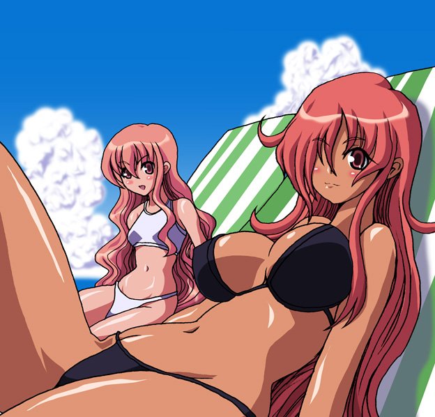 kihaiu, kirche augusta frederica von anhalt zerbst, louise francoise le blanc de la valliere, zero no tsukaima, 00s, 2girls, bikini, brown eyes, chair, cloud, dark-skinned female, dark skin, day, hair over one eye, long hair, looking at viewer, lounge chair, multiple girls, pink eyes, pink hair, red hair, sky, swimsuit, tan