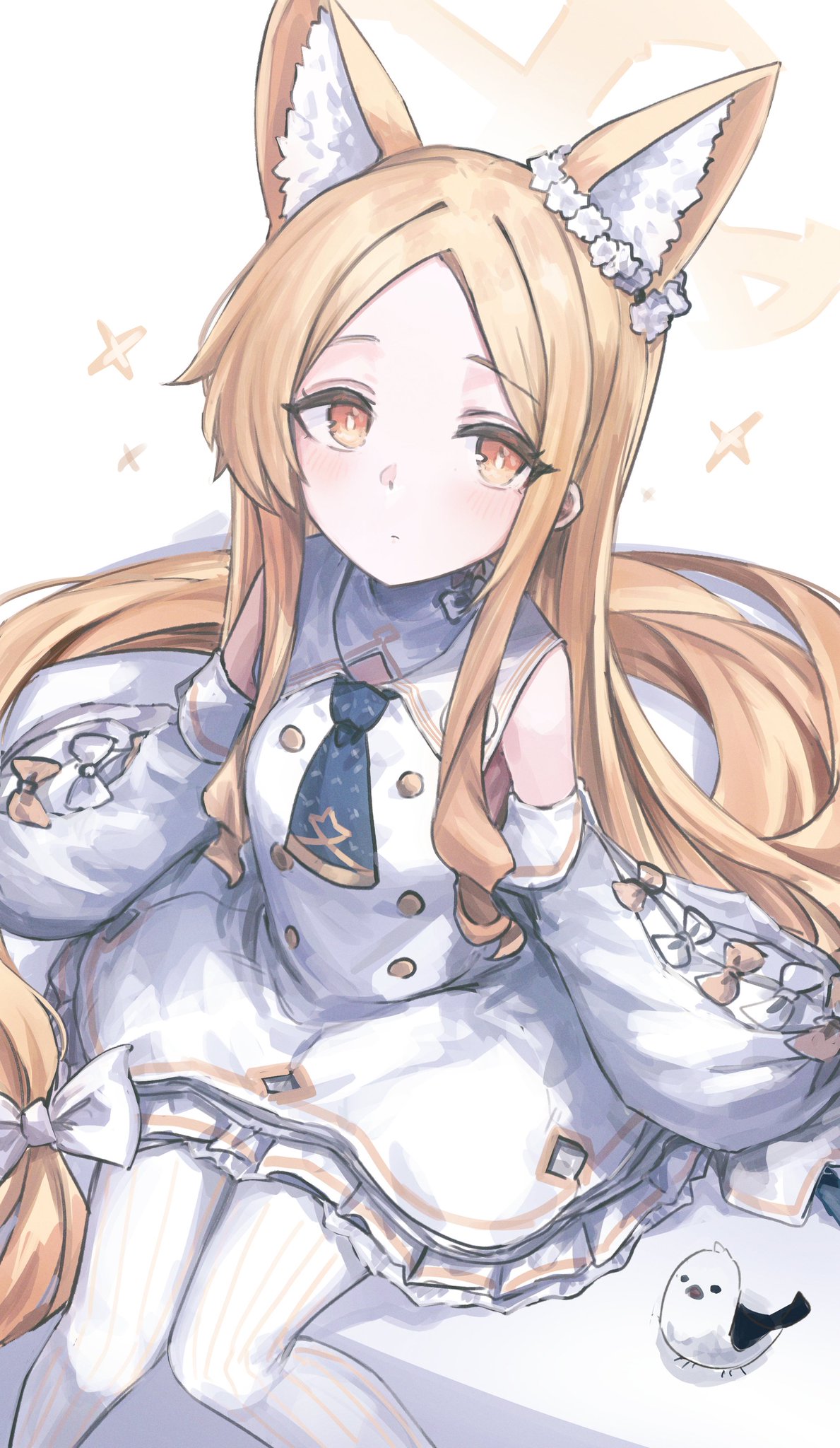 gabang, seia (blue archive), blue archive, highres, 1girl, animal ear fluff, animal ears, bare shoulders, bird, blonde hair, blue necktie, closed mouth, detached sleeves, dress, extra ears, forehead, fox ears, fox girl, fox tail, looking at viewer, necktie, pantyhose, pink eyes, sitting, solo, tail, white dress, white pantyhose