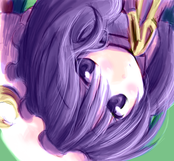 meta ooyake, patchouli knowledge, touhou, 1girl, female focus, hat, portrait, purple eyes, purple hair, simple background, solo