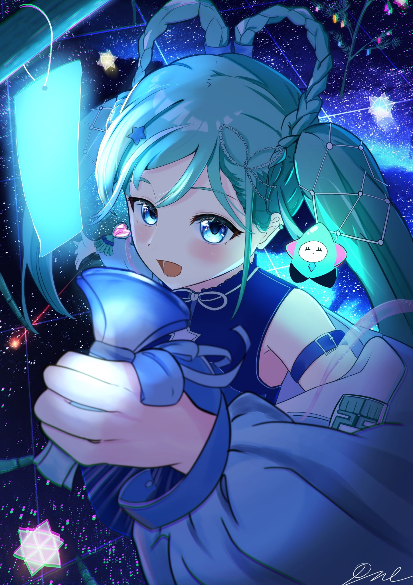 hatsune miku, magical mirai miku, magical mirai miku (2025), magical mirai (vocaloid), vocaloid, highres, 1girl, aqua hair, blue eyes, blue jacket, blush, braid, braided hair rings, crop top, earrings, hair between eyes, hair ornament, hair rings, heart, heart earrings, holding, holding microphone, jacket, jewelry, long hair, long sleeves, looking at viewer, microphone, open mouth, pze zip7831, shirt, single earring, sleeveless, sleeveless shirt, small stellated dodecahedron, smile, solo, tanabata, twintails, very long hair