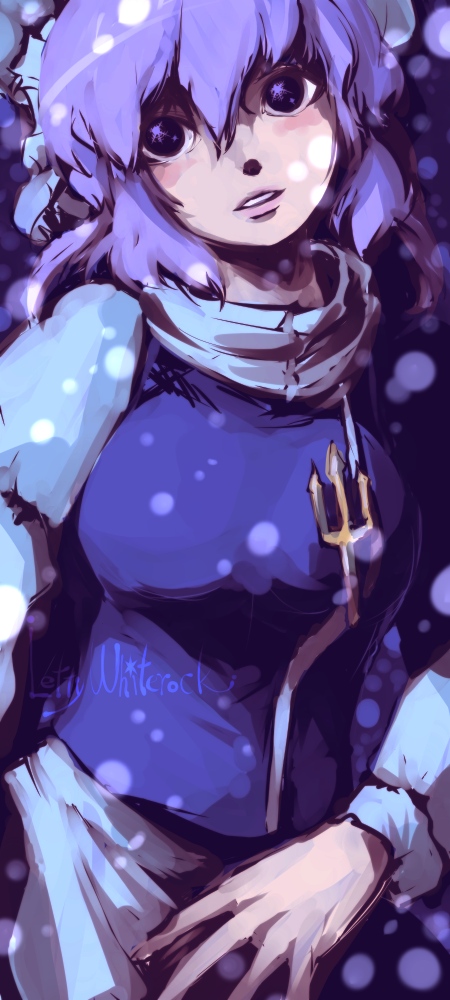 oso (toolate), letty whiterock, touhou, 1girl, breasts, character name, female focus, lapel pin, large breasts, lips, purple eyes, purple hair, short hair, snow, solo