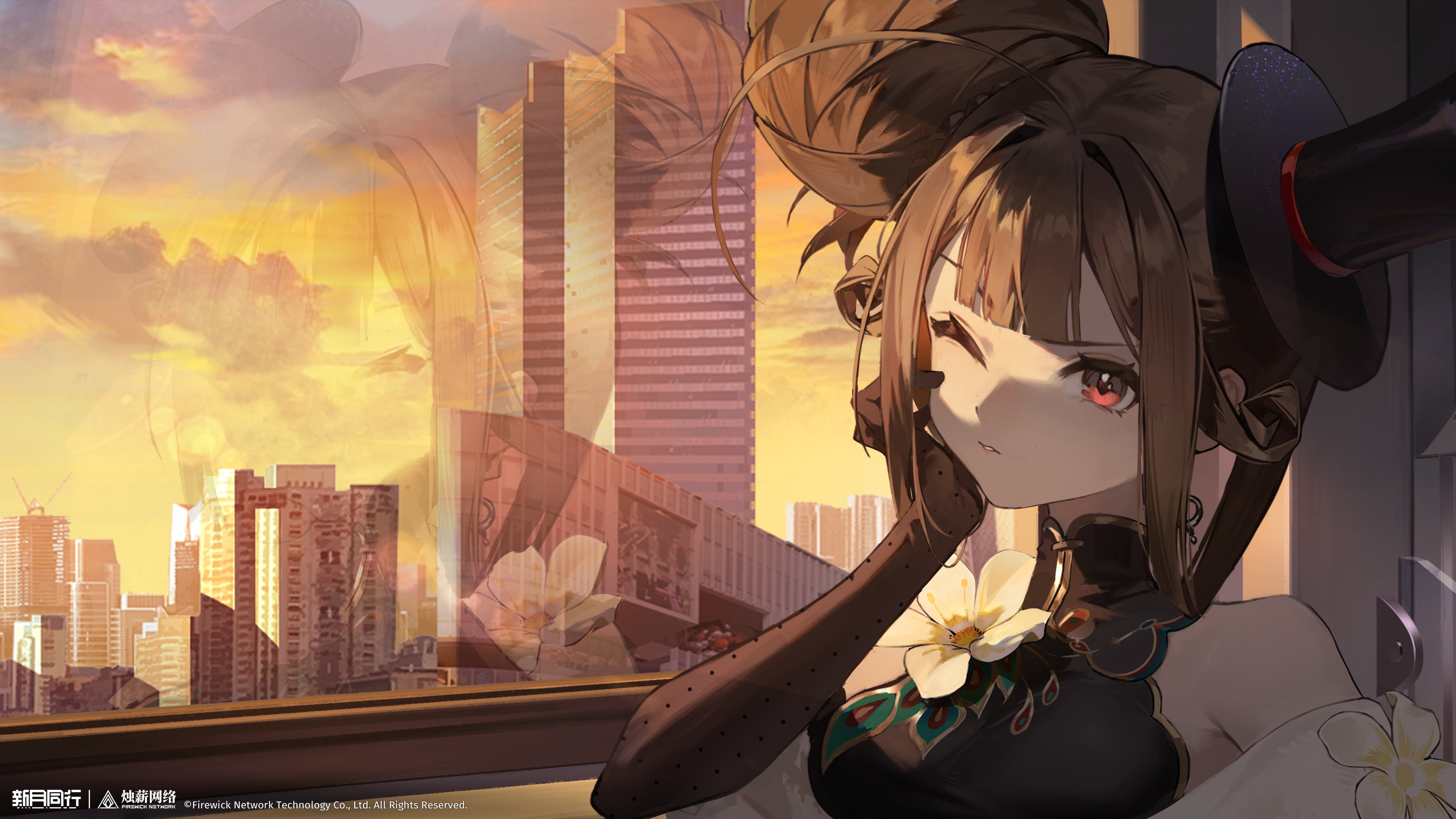 xinyue tongxing, absurdres, highres, official art, official wallpaper, 1girl, black dress, black gloves, black hat, brown hair, building, city, cloud, cloudy sky, copyright name, copyright notice, dress, elbow gloves, flower, gloves, hair bun, hand on own cheek, hand on own face, hat, huge hair bun, indoors, liqing (xinyue tongxing), logo, mini hat, mini top hat, neck flower, one eye closed, parted lips, red eyes, reflection, short hair, sidelighting, single side bun, sky, skyscraper, sleeveless, sleeveless dress, solo, tilted headwear, top hat, upper body, white flower, window, yellow sky