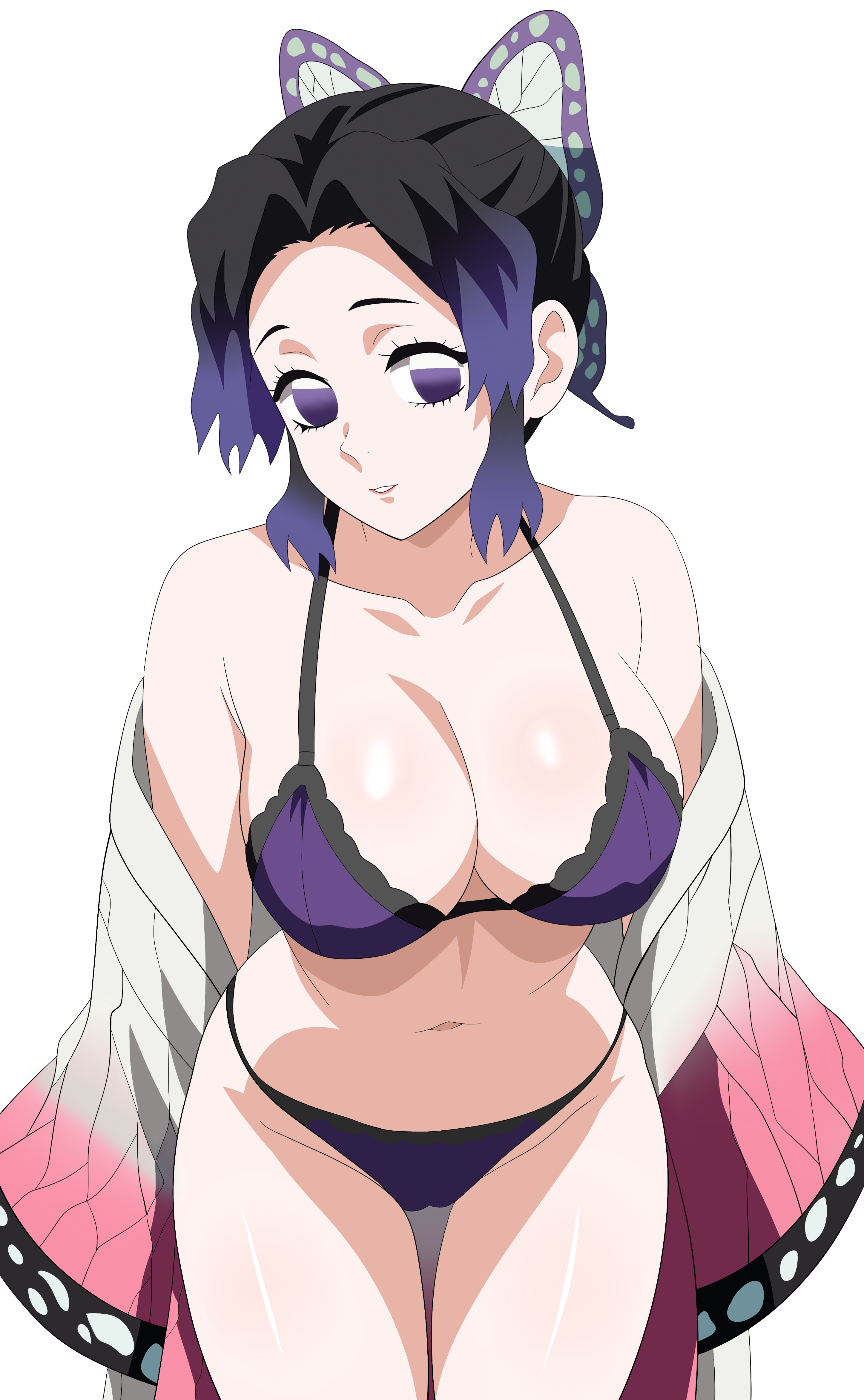 chelsea cola v, kochou shinobu, kimetsu no yaiba, absurdres, highres, 1girl, armpit crease, black hair, bra, breasts, butterfly hair ornament, cleavage, collarbone, gradient hair, hair intakes, hair ornament, haori, japanese clothes, large breasts, multicolored hair, navel, off shoulder, panties, parted lips, purple bra, purple eyes, purple hair, purple panties, simple background, solo, stomach, two-tone hair, underwear, white background