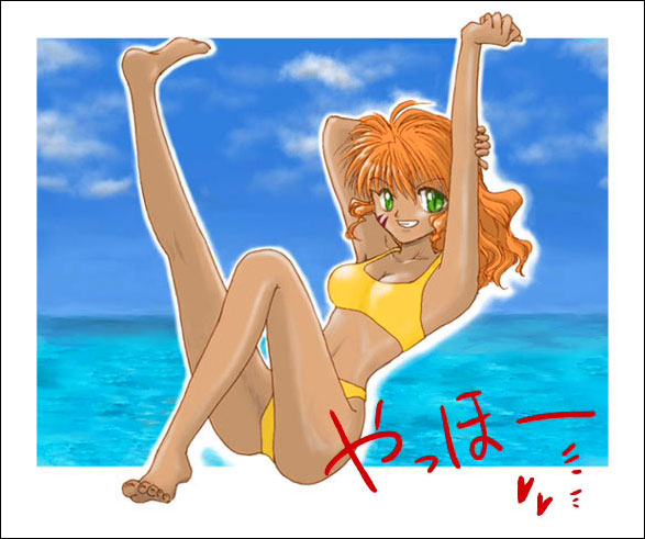 tooya (hiz108), lirin, saiyuki, bad id, bad pixiv id, 1girl, barefoot, bikini, dark-skinned female, dark skin, day, female focus, green eyes, long hair, looking at viewer, orange hair, sky, solo, swimsuit, yellow bikini