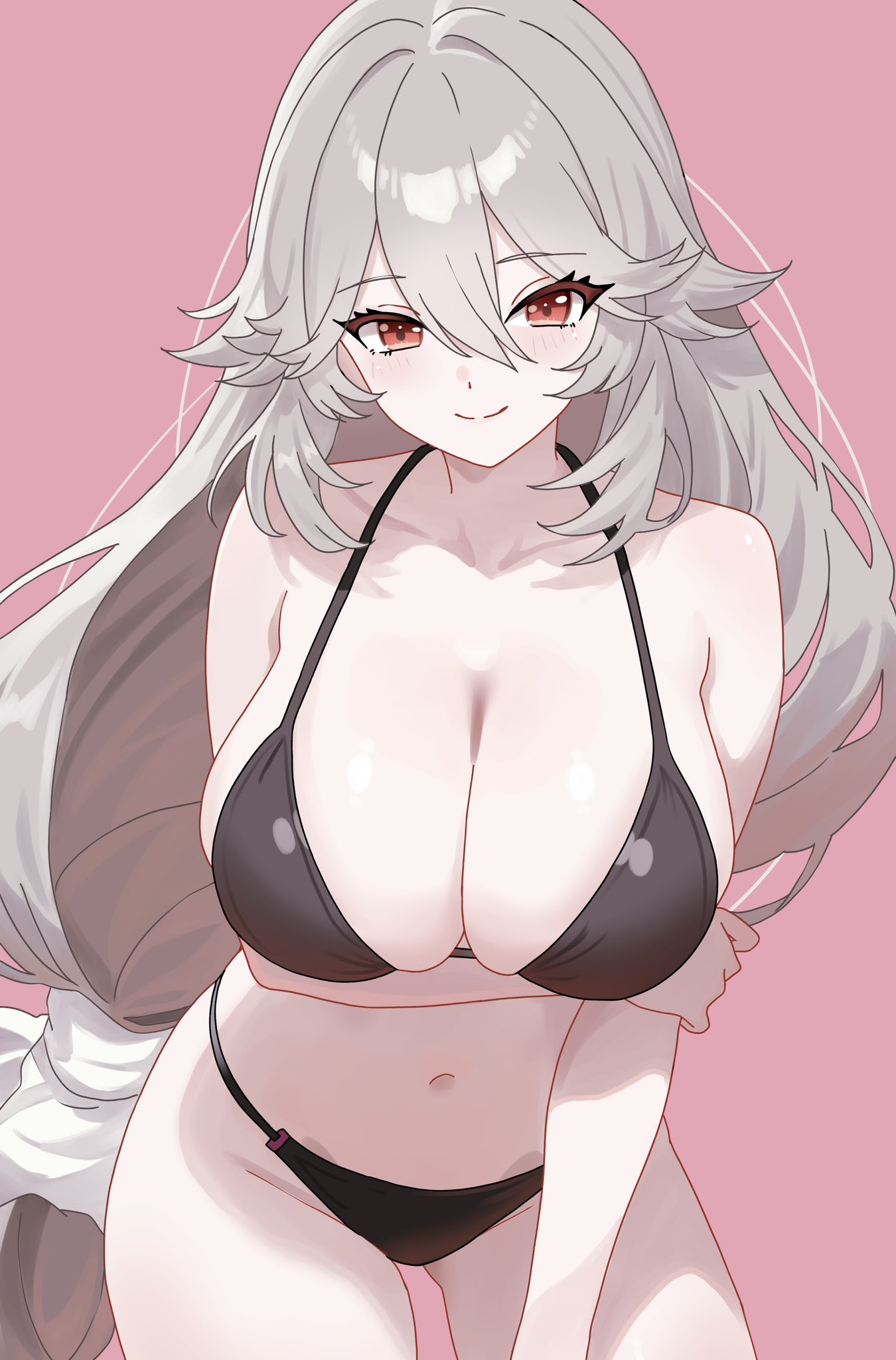 n 54, alexandrina sebastiane, zenless zone zero, commentary request, commission, highres, skeb commission, 1girl, arm under breasts, bare arms, bare shoulders, bikini, black bikini, breasts, cleavage, closed mouth, collarbone, cowboy shot, grey hair, hair between eyes, halterneck, large breasts, long hair, looking at viewer, low-tied long hair, navel, pink background, red eyes, simple background, skindentation, smile, solo, stomach, string bikini, swimsuit, thighs, very long hair
