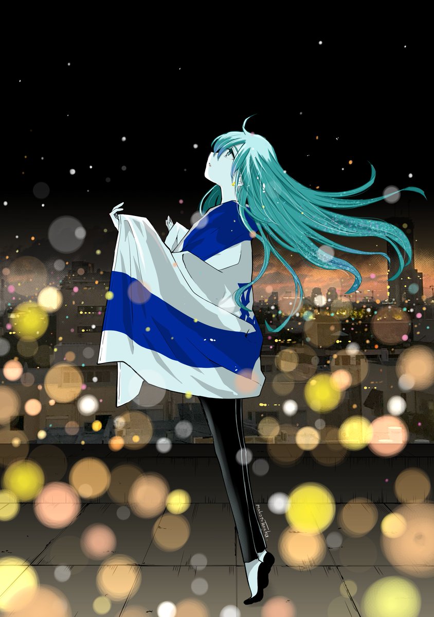 tanaka makoto, original, commentary, highres, 1girl, ahoge, aqua eyes, aqua hair, black leggings, black shoes, black sky, building, colored skin, flag, from side, full body, holding, holding flag, israeli flag, leggings, light particles, long hair, looking up, night, night sky, outdoors, parted lips, profile, shoes, sidelighting, sideways mouth, sky, solo, straight hair, tiptoes, very long hair, white skin