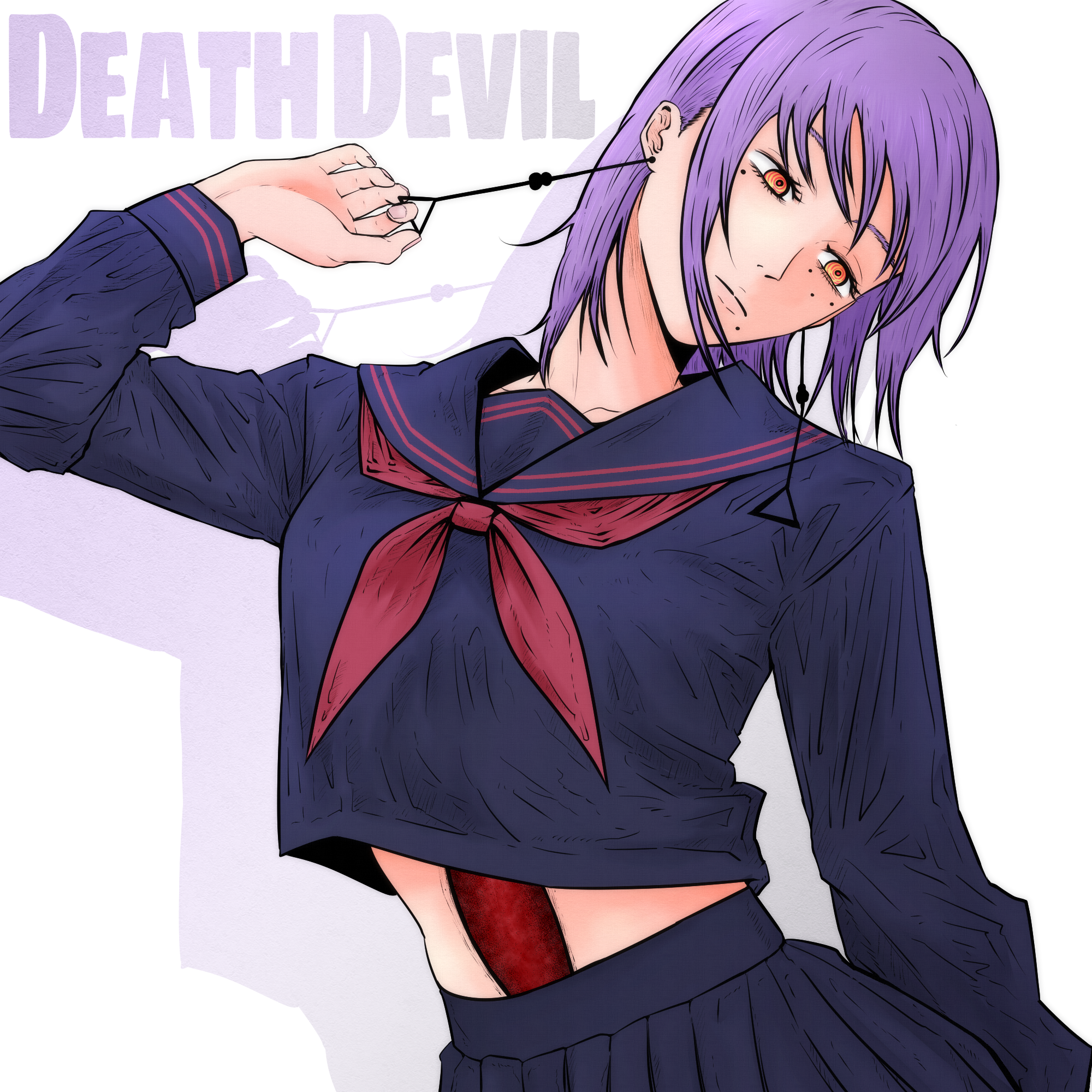 isuke (isuke now), death devil (chainsaw man), fami (chainsaw man), chainsaw man, commentary request, highres, spoilers, 1girl, black sailor collar, black serafuku, black skirt, character name, closed mouth, deep wound, earrings, injury, jewelry, mole, mole under eye, mole under mouth, multiple moles, neckerchief, purple hair, red neckerchief, sailor collar, school uniform, serafuku, skirt, solo, yellow eyes