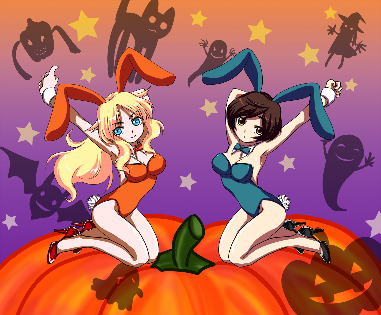 mishiyomi kazumi, original, screencap, highres, 2girls, animal ears, armpits, arms up, bare legs, blonde hair, blue eyes, brown eyes, brown hair, fake animal ears, ghost, halloween, high heels, jack-o'-lantern, long hair, multiple girls, playboy bunny, pumpkin, rabbit ears, shoes, short hair