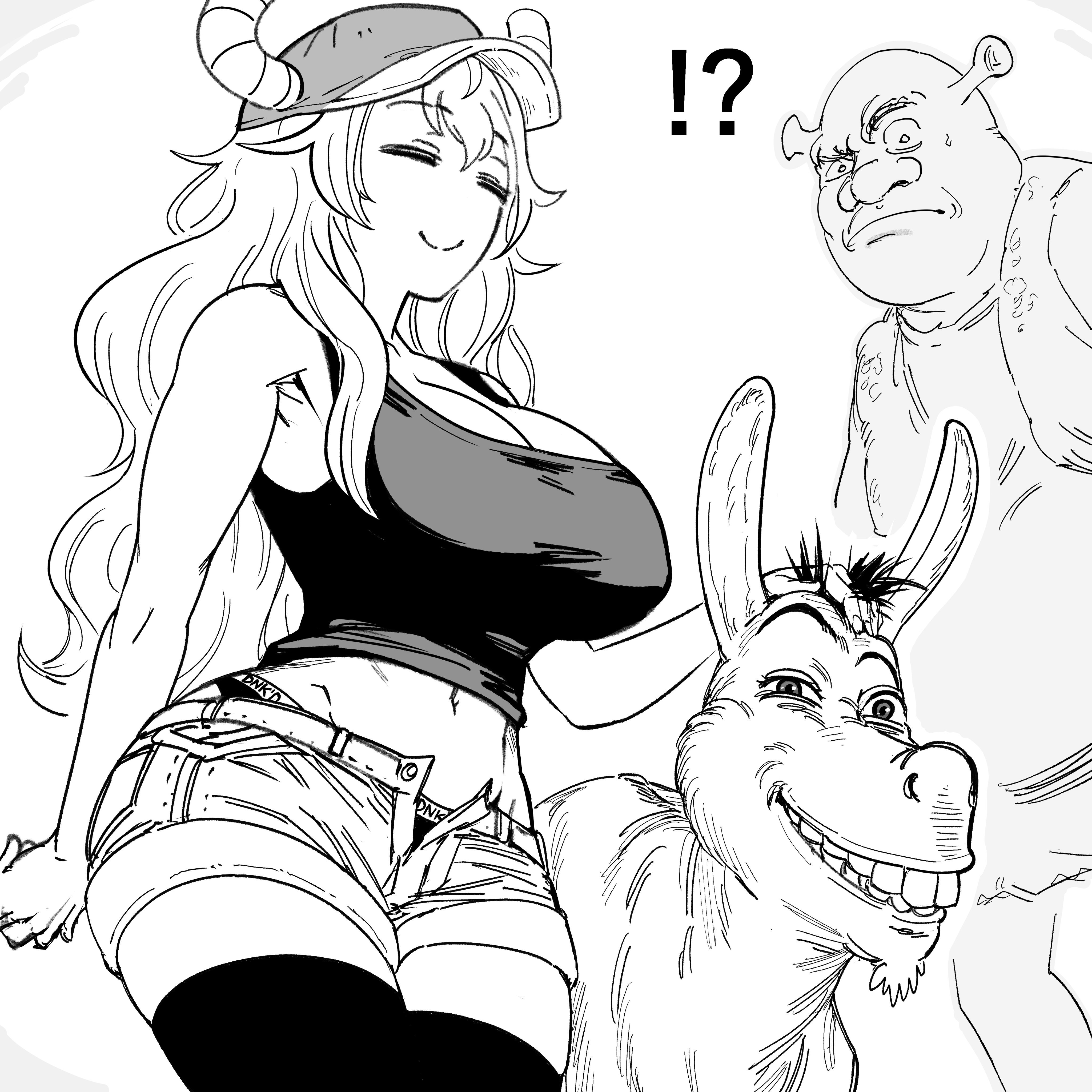 bb (baalbuddy), donkey (shrek), lucoa (maidragon), shrek, kobayashi-san chi no maidragon, shrek (series), absurdres, highres, !?, 1boy, 1girl, big nose, breasts, cleavage, closed eyes, closed mouth, crossover, curvy, donkey, grin, hand on another's head, hat, headpat, horns, huge breasts, implied bestiality, long hair, no nose, ogre, open clothes, open fly, open shorts, short shorts, shorts, smile, smug, tank top, thighhighs, unbuttoned, underwear, very long hair, wide hips, zettai ryouiki