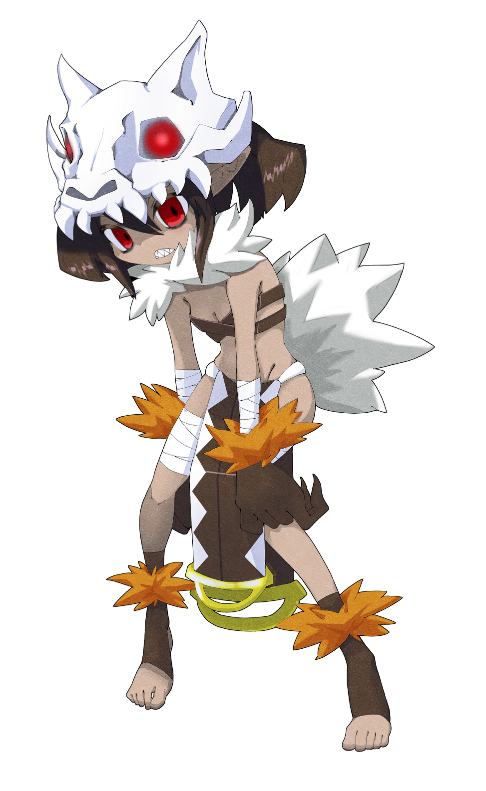 shaman (disgaea), disgaea, highres, 1girl, animal skull, bandages, brown hair, dark-skinned female, dark skin, full body, infp unkomen, red eyes, sharp teeth, skull on head, solo, teeth