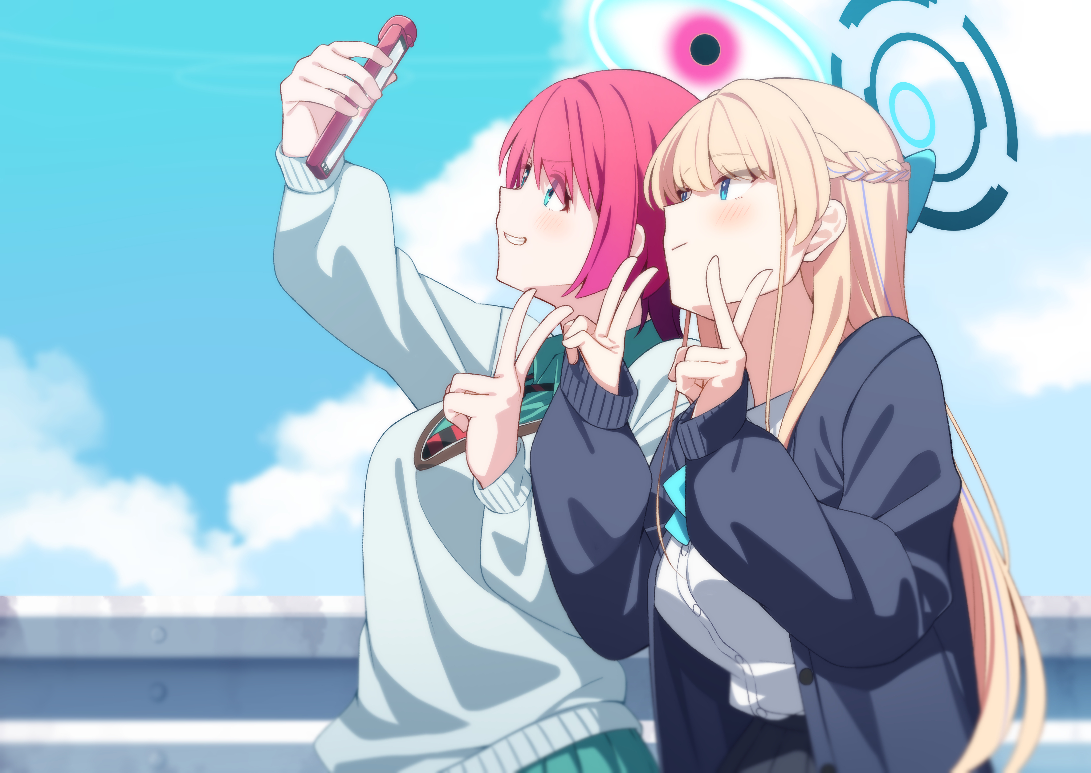 85neko, amate yuzuriha, toki (blue archive), toki (school uniform) (blue archive), blue archive, gundam, gundam gquuuuuux, absurdres, highres, 2girls, aqua eyes, aqua shirt, aqua skirt, black cardigan, black halo, blonde hair, blue eyes, blue halo, blue sky, braid, cardigan, cellphone, cloud, collared shirt, crossover, dress shirt, grin, half up braid, halo, long hair, looking at phone, multiple girls, necktie, phone, red hair, selfie, shirt, short hair, skirt, sky, smartphone, smile, striped necktie, taking picture, upper body, white shirt