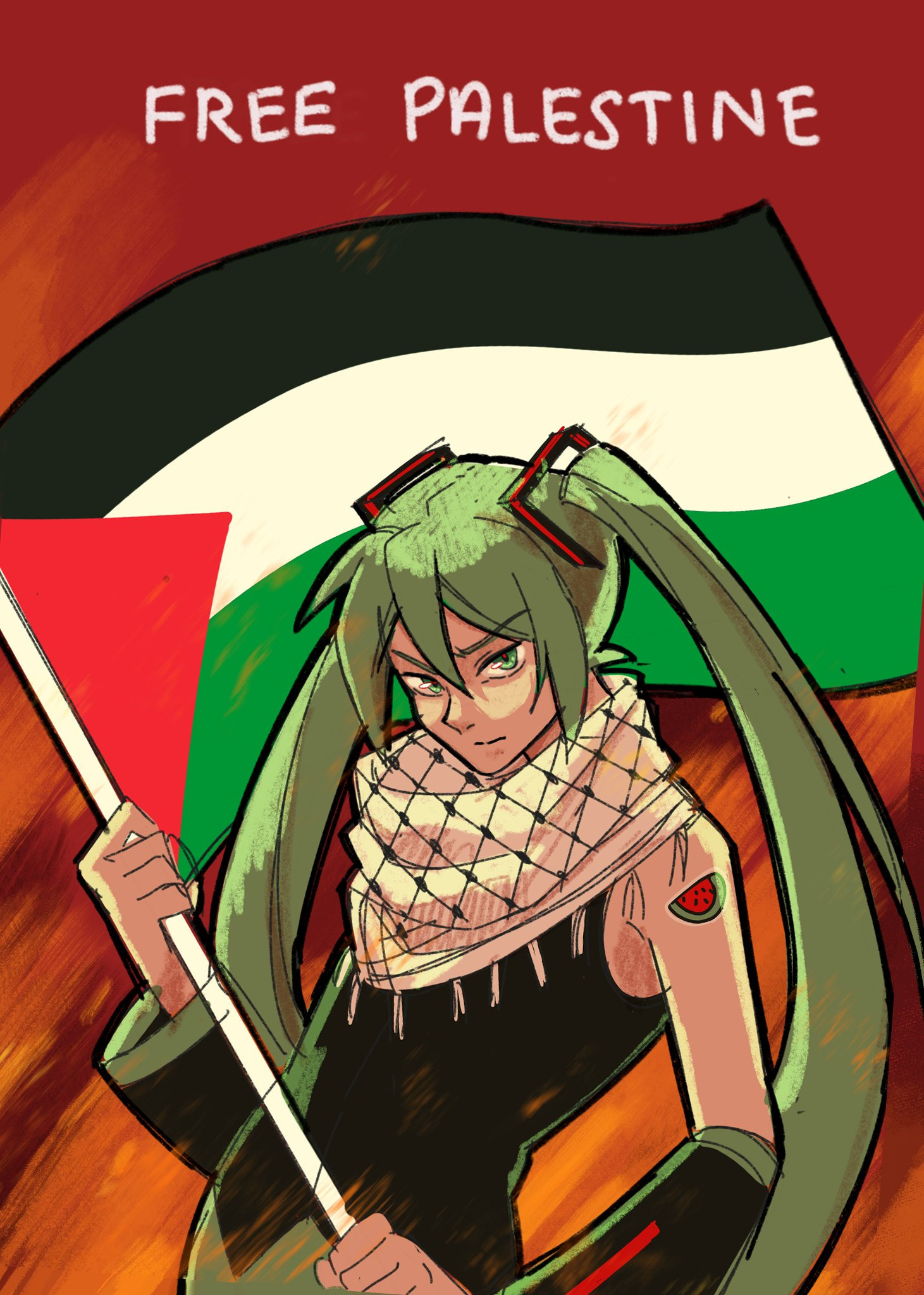 hatsune miku, vocaloid, highres, protected link, 1girl, angry, bare shoulders, black shirt, black sleeves, closed mouth, detached sleeves, double-parted bangs, english text, fiery background, fire, flag, flat chest, food, frown, fruit, green eyes, green hair, hair between eyes, hair ornament, hand up, hanymelon, holding, holding flag, long sleeves, palestinian flag, politics, red background, scarf, shirt, shoulder tattoo, simple background, sleeveless, sleeveless shirt, solo, tattoo, twintails, upper body, v-shaped eyebrows, watermelon, watermelon slice, white scarf