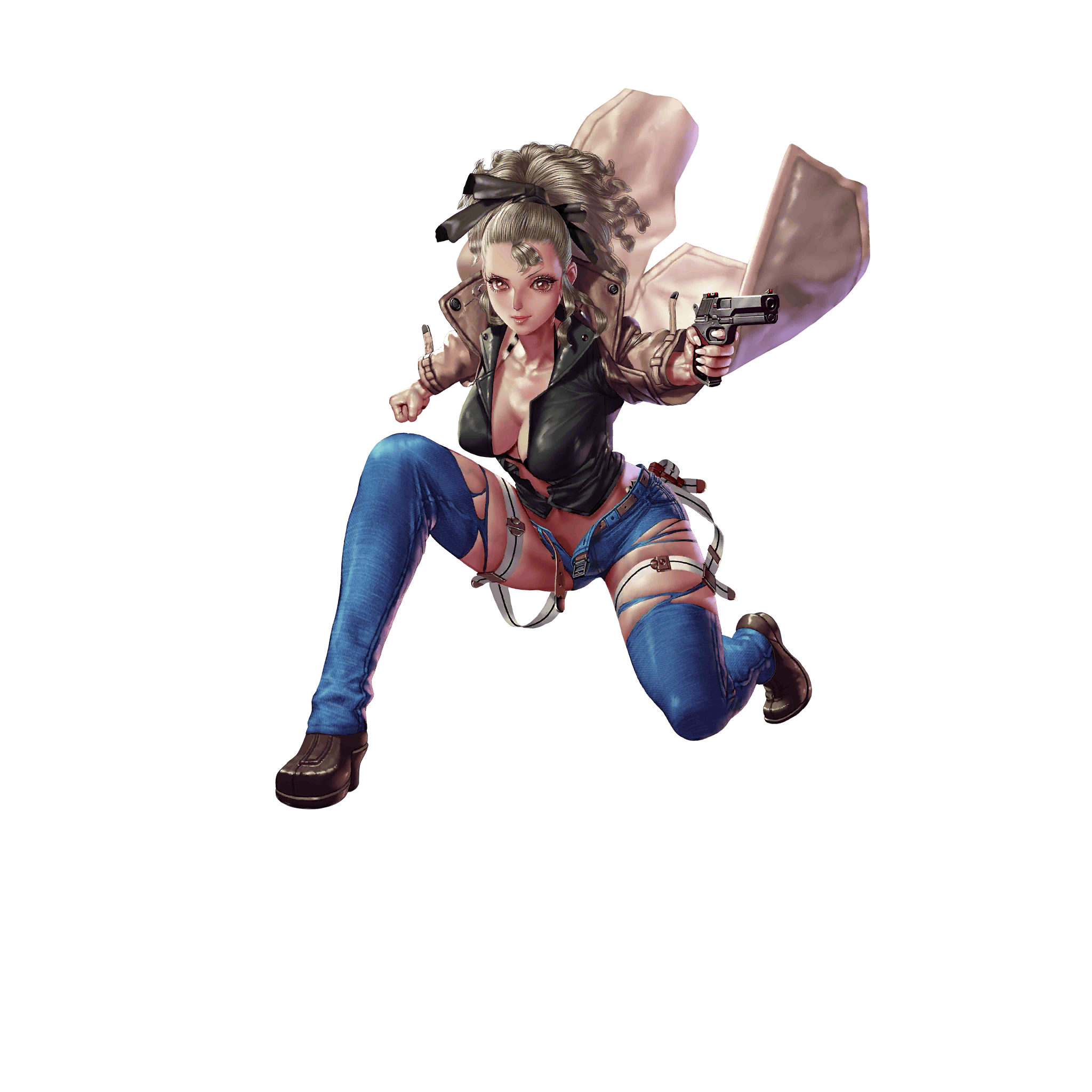 crystal maiden (series), artist request, game cg, highres, official art, variant set, 1girl, aiming, belt, blonde hair, breasts, brown eyes, cleavage, clenched hand, closed mouth, full body, gun, handgun, holding, holding gun, holding weapon, jacket, jean (crystal maidens), long sleeves, on one knee, open clothes, open jacket, pants, solo, torn clothes, torn pants, transparent background, weapon