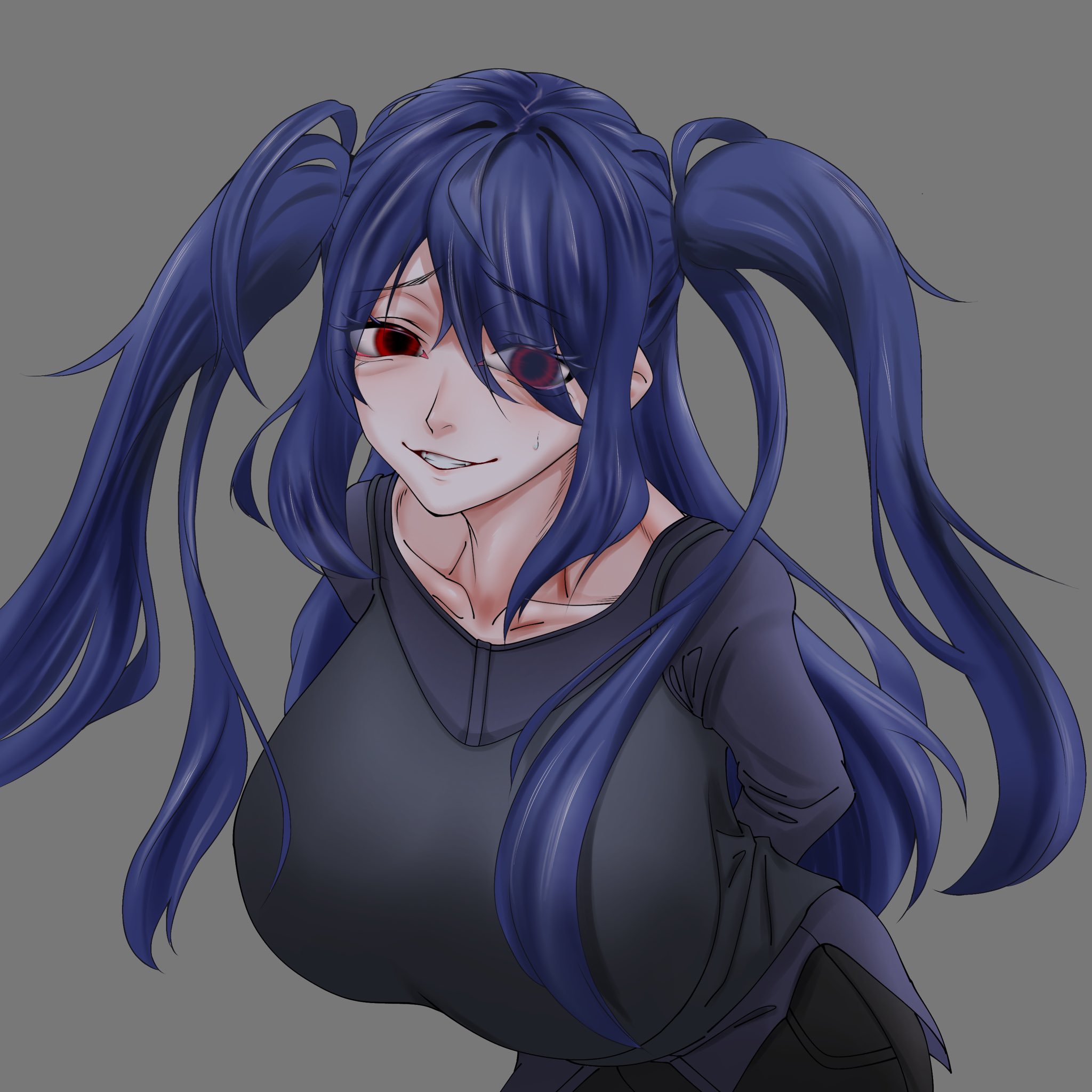 original, commentary, highres, 1girl, arms behind back, black camisole, black pants, blue hair, borrowed character, breasts, camisole, camisole over clothes, collarbone, cowboy shot, crazy eyes, crazy smile, empty eyes, eyes visible through hair, furrowed brow, grey background, grin, hair over one eye, huge breasts, leaning forward, long hair, long sleeves, nanami (kyoukitobe), oekaki (artist), pants, purple shirt, raised inner eyebrows, red eyes, shirt, sidelocks, simple background, smile, solo, two side up