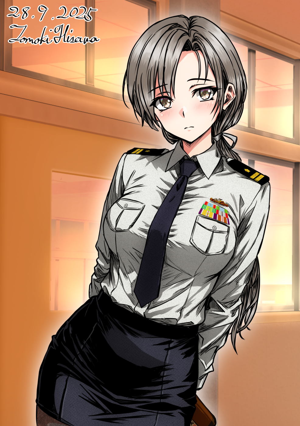 hisamatomoki, chitose (kancolle), japan maritime self-defense force, japan self-defense force, kantai collection, commentary request, highres, 1girl, alternate costume, arms behind back, artist name, black necktie, black skirt, breasts, collared shirt, cowboy shot, dated, grey eyes, grey hair, long hair, long sleeves, looking at viewer, military, military dress uniform, military rank insignia, military uniform, naval dress uniform, naval uniform, necktie, one-hour drawing challenge, ponytail, ribbon bar, shirt, skirt, solo, white shirt