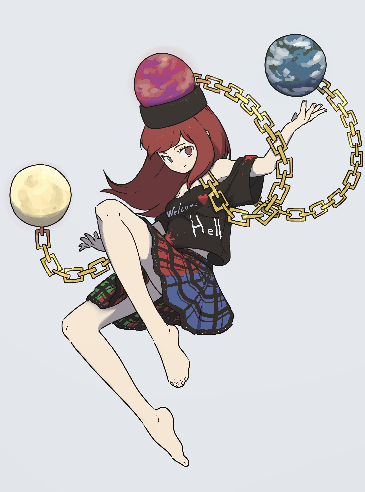uzou (uzooooooooo), hecatia lapislazuli, touhou, highres, 1girl, bare shoulders, barefoot, brown eyes, chain, closed mouth, clothes writing, collar, earth (planet), english text, full body, grey background, hands up, hat, long hair, looking at viewer, moon, multicolored skirt, off shoulder, orb, planet, red hair, shirt, short sleeves, simple background, skirt, smile, solo, t-shirt