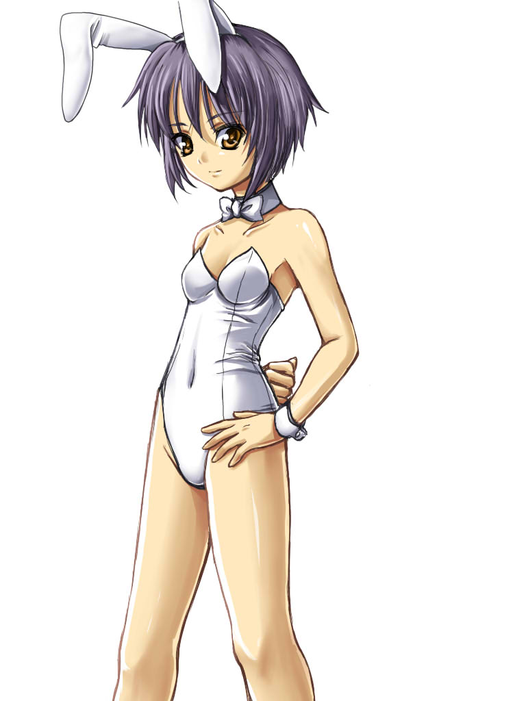 hayami kyuuen, nagato yuki, suzumiya haruhi no yuuutsu, silver hair, 00s, 1girl, animal ears, bare legs, fake animal ears, female focus, grey eyes, playboy bunny, rabbit ears, short hair, solo