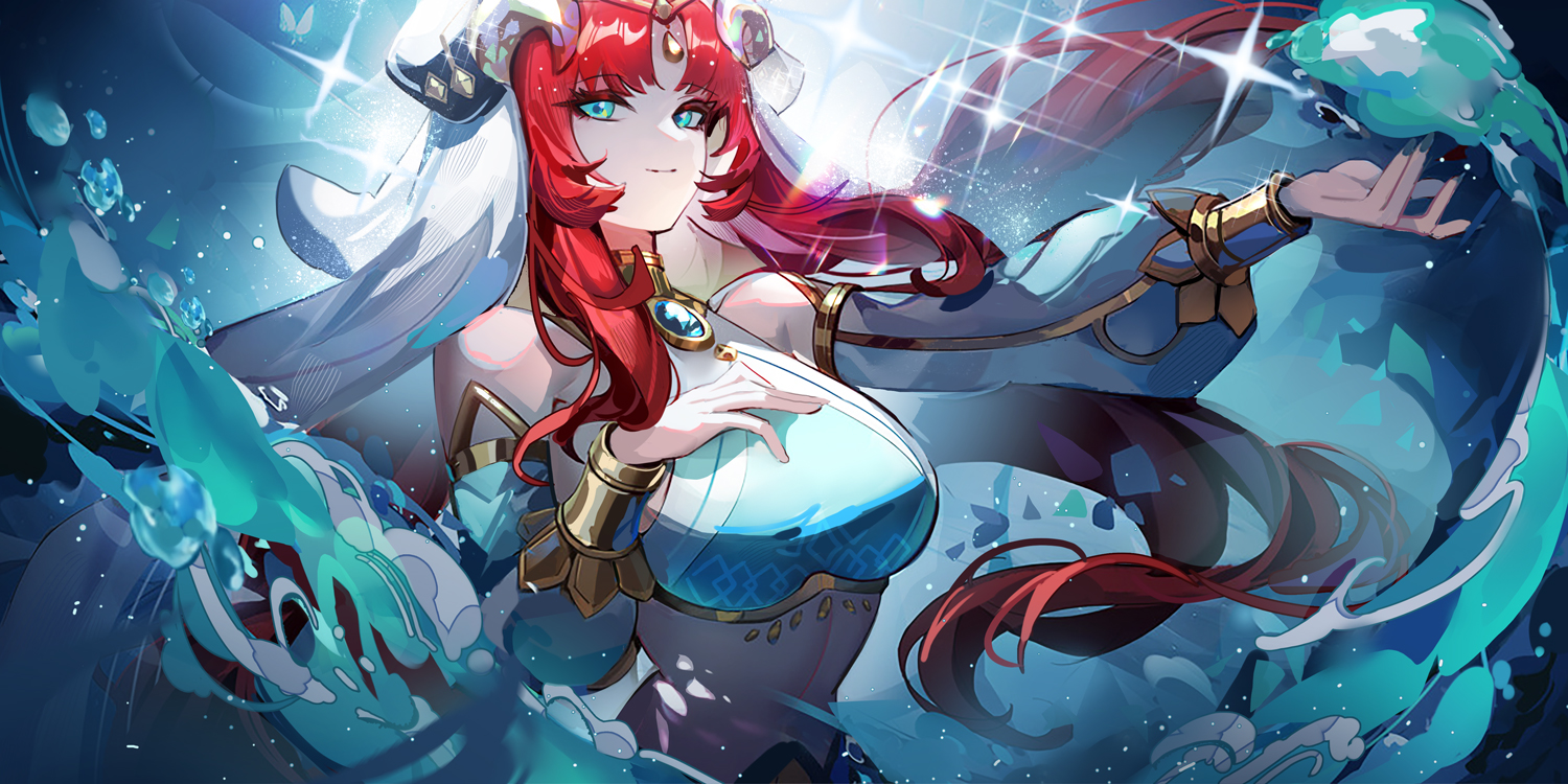 hibikissmoon, nilou (genshin impact), genshin impact, 1girl, aqua eyes, blue nails, breasts, closed mouth, crop top, hair ornament, harem outfit, large breasts, long hair, long sleeves, looking at viewer, red hair, shirt, sleeveless, sleeveless shirt, smile, solo, stomach, very long hair, water