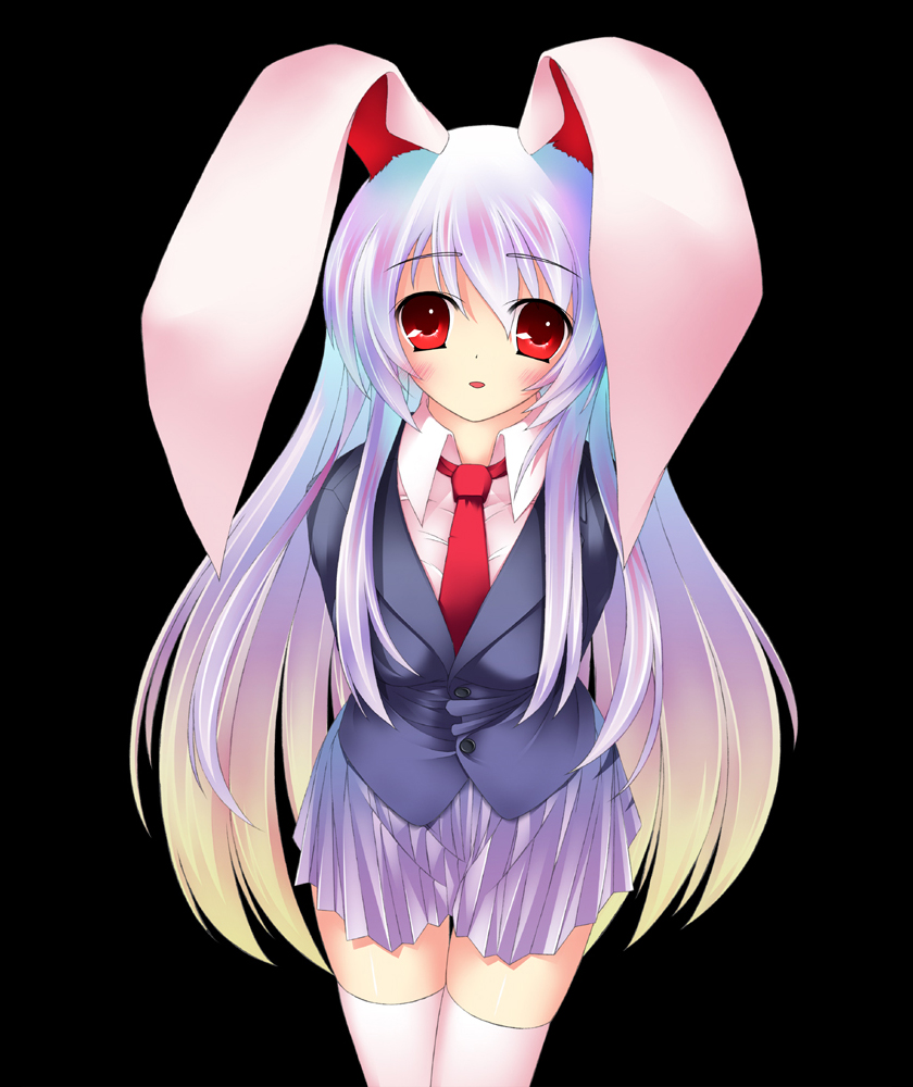 umitsubame, reisen udongein inaba, touhou, 1girl, animal ears, blush, business suit, female focus, formal clothes, long hair, necktie, pink hair, rabbit ears, red eyes, red necktie, skirt, skirt suit, socks, solo, suit, thighhighs