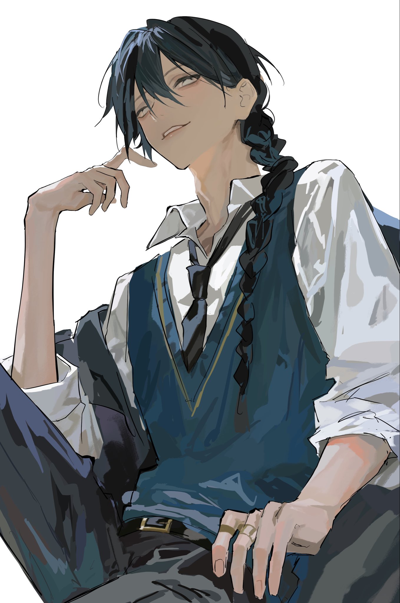 original, highres, 0k sic, 1boy, belt, belt buckle, black belt, black necktie, black pants, blue vest, braid, buckle, collared shirt, grey eyes, grin, hand up, jewelry, long hair, looking at viewer, male focus, multiple rings, necktie, pants, ring, shirt, simple background, single braid, sitting, smile, solo, teeth, vest, white background, white shirt