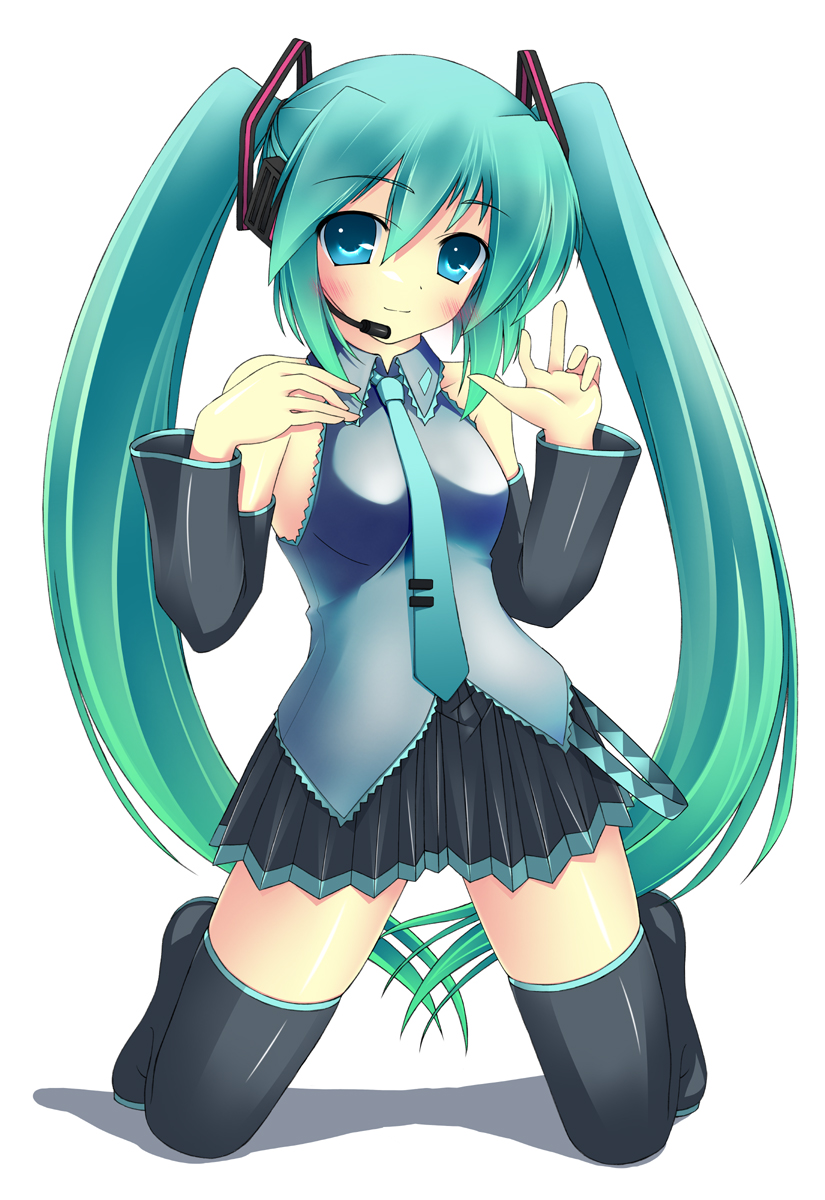 umitsubame, hatsune miku, vocaloid, highres, green hair, long hair, socks, solo, thighhighs, twintails