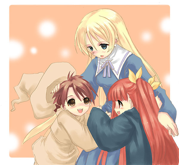 anya cocolova, negi springfield, nekane springfield, mahou sensei negima!, 00s, 1boy, 2girls, :d, blue dress, border, brown hair, dress, green eyes, hat, headpat, long hair, long sleeves, multiple girls, open mouth, orange background, red hair, simple background, smile, upper body, very long hair, witch hat